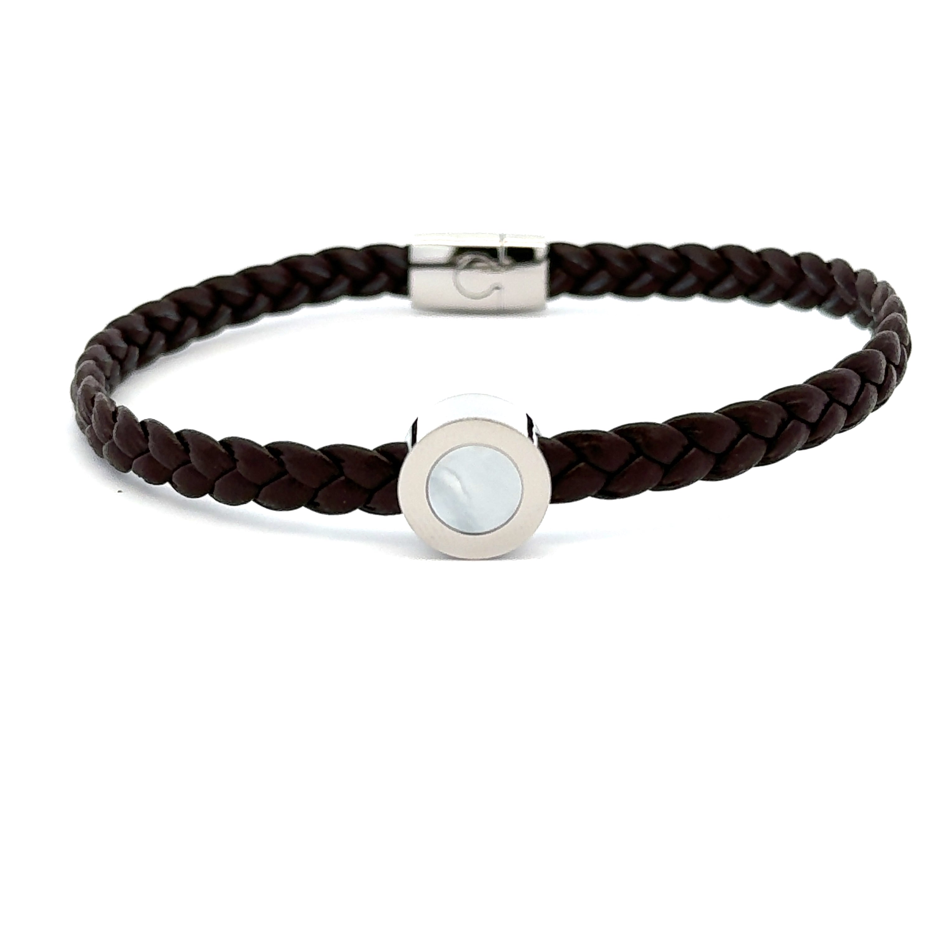 Stainless Steel Braided Brown Leather Bracelet with White Mother of Pearl