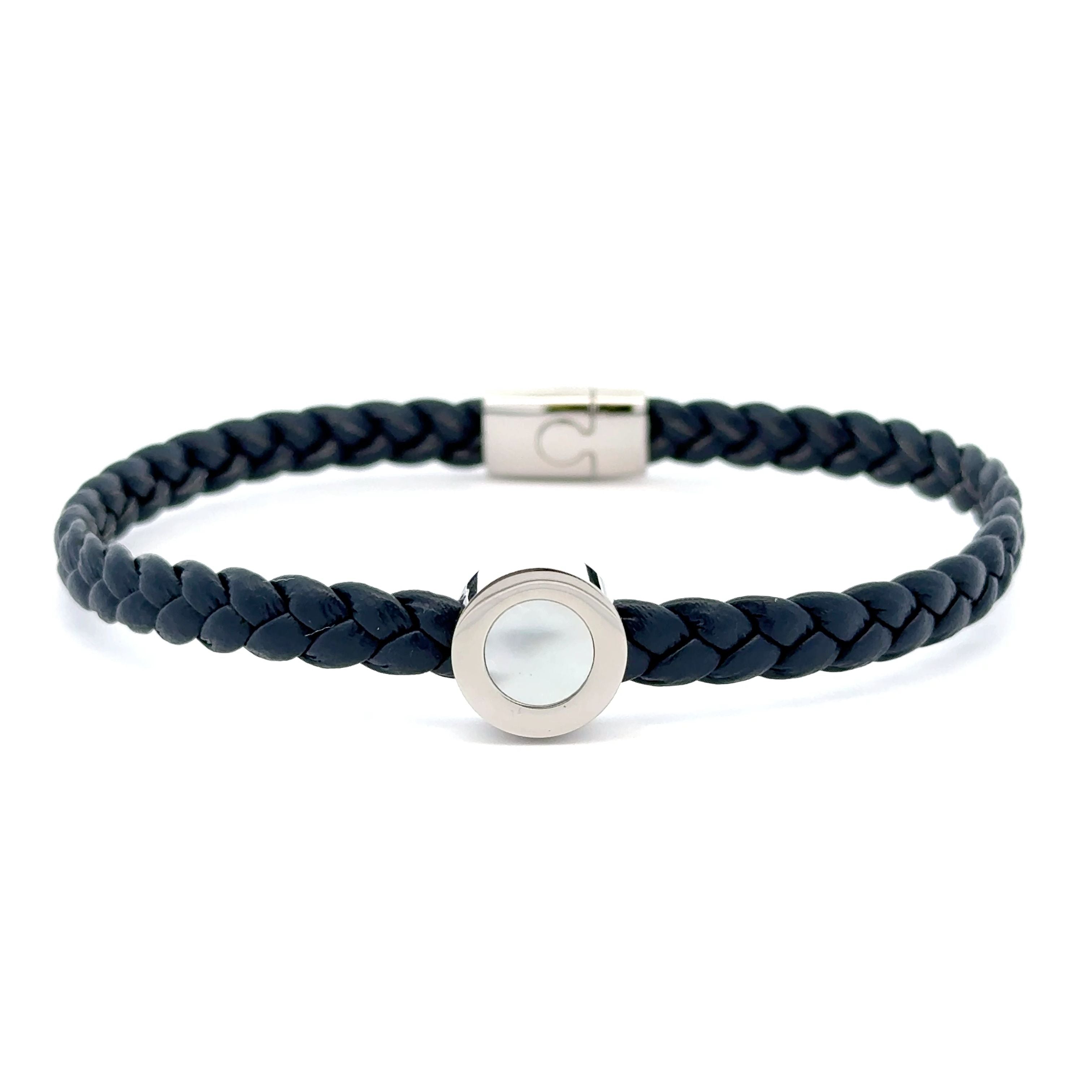 Stainless Steel Braided Blue Leather Bracelet with White Mother of Pearl
