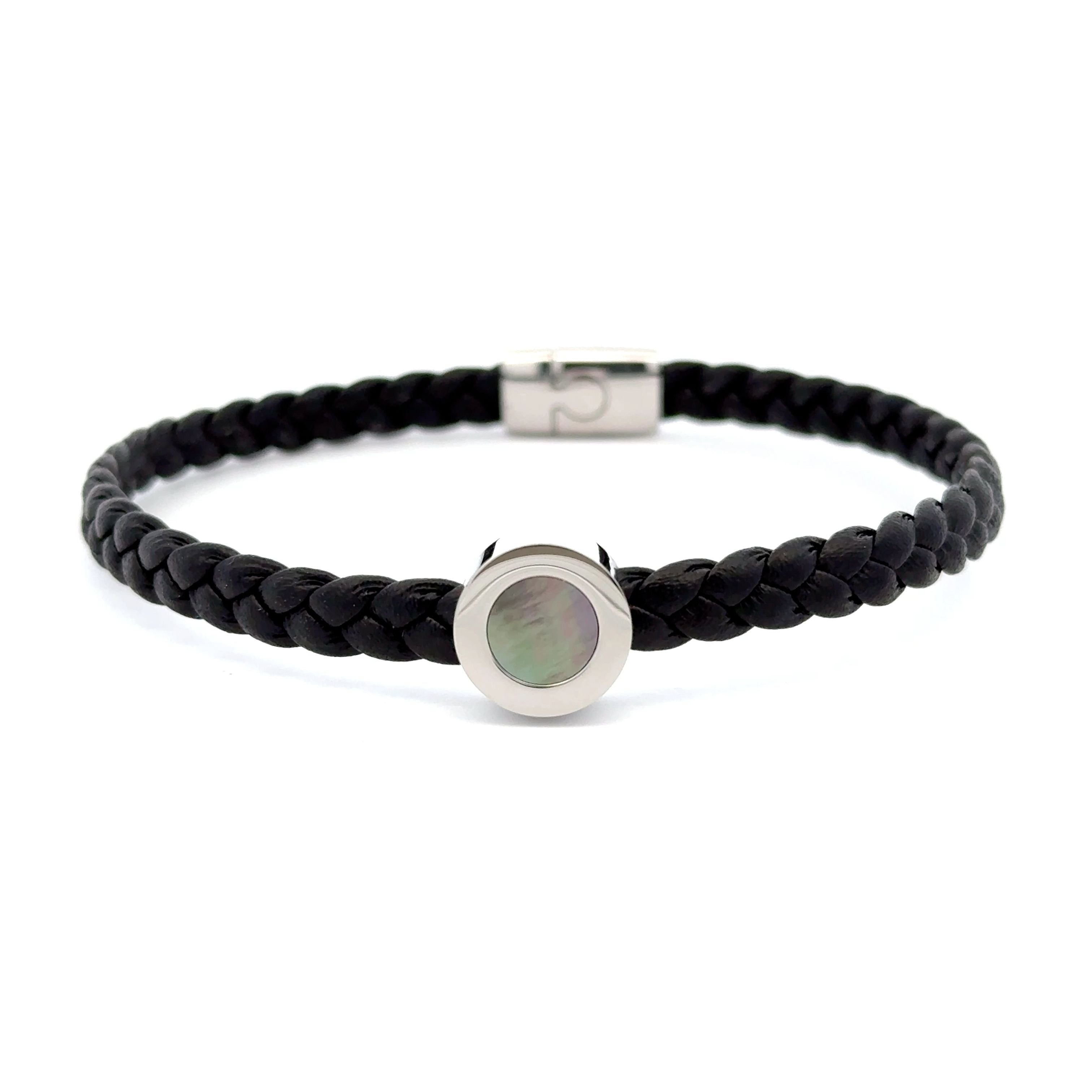 Stainless Steel Braided Black Leather Bracelet with Black Mother of Pearl