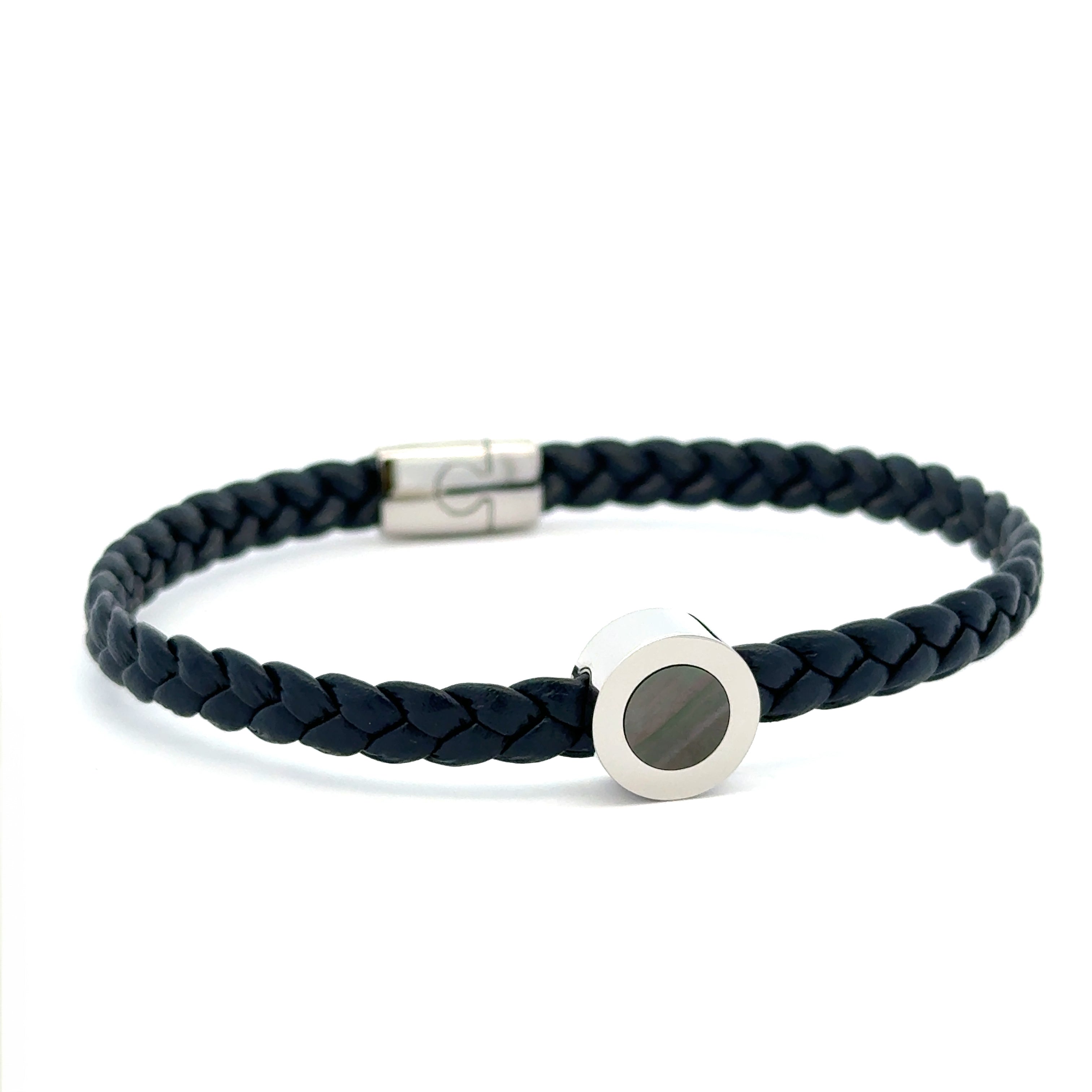 Stainless Steel Blue Braided Leather Bracelet With Black Mother of Pearl