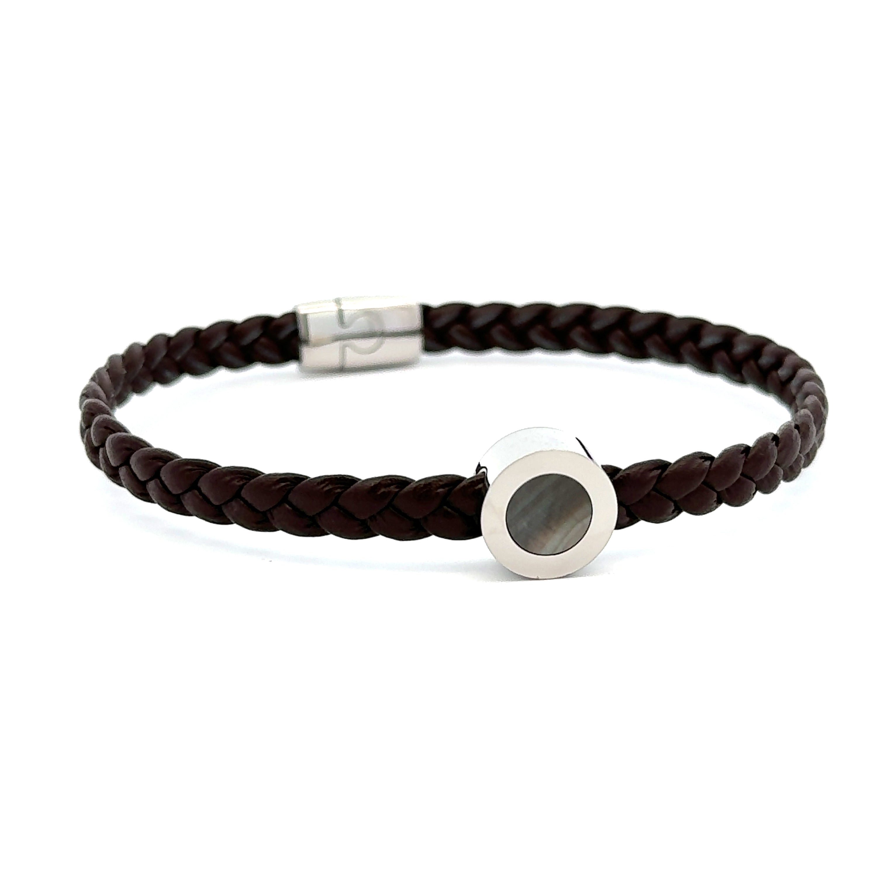 Stainless Steel Braided Brown Leather Bracelet with Black Mother of Pearl