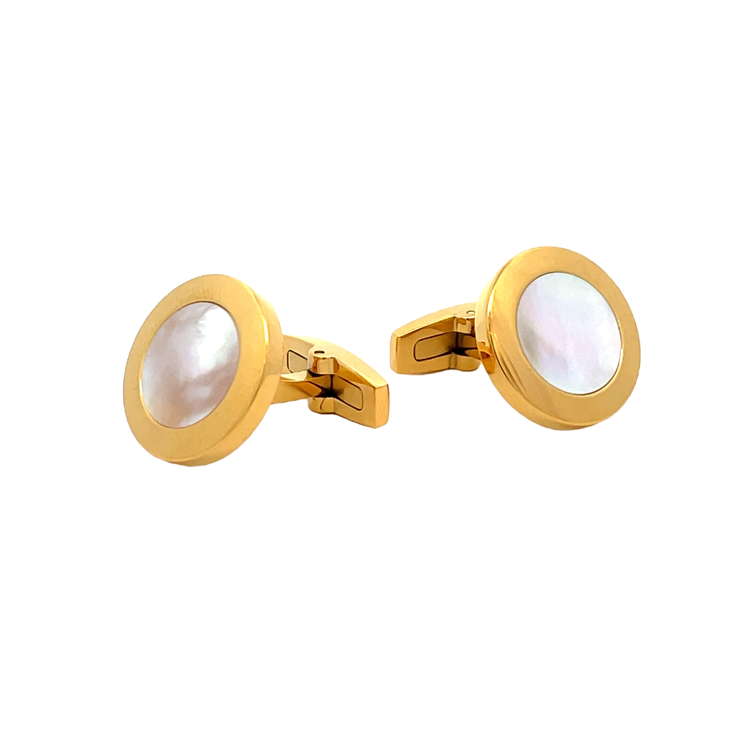 Gold Plated Stainless Steel White Mother Of Pearl Round Cufflinks