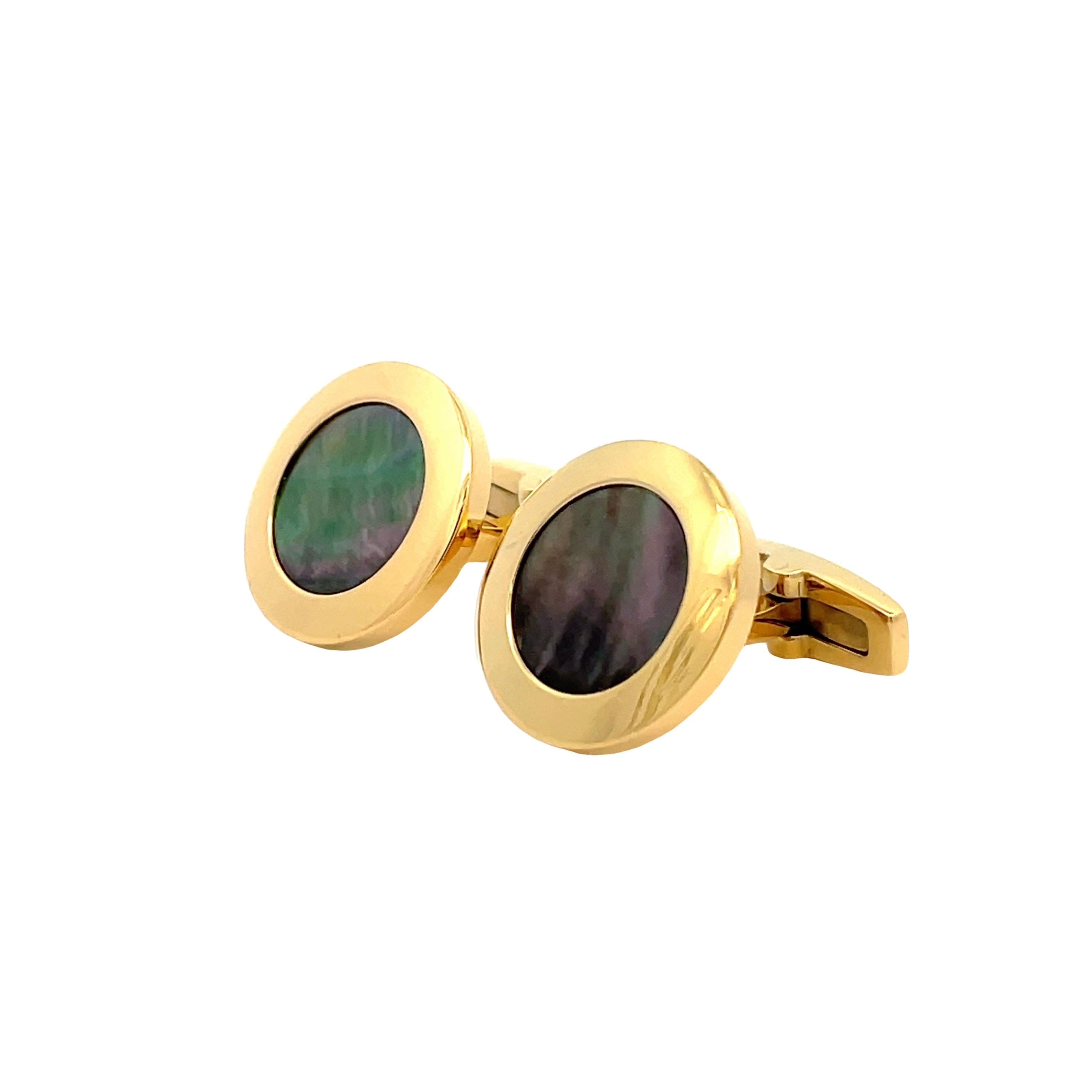 Gold Plated Stainless Steel Black Mother Of Pearl Round Cufflinks