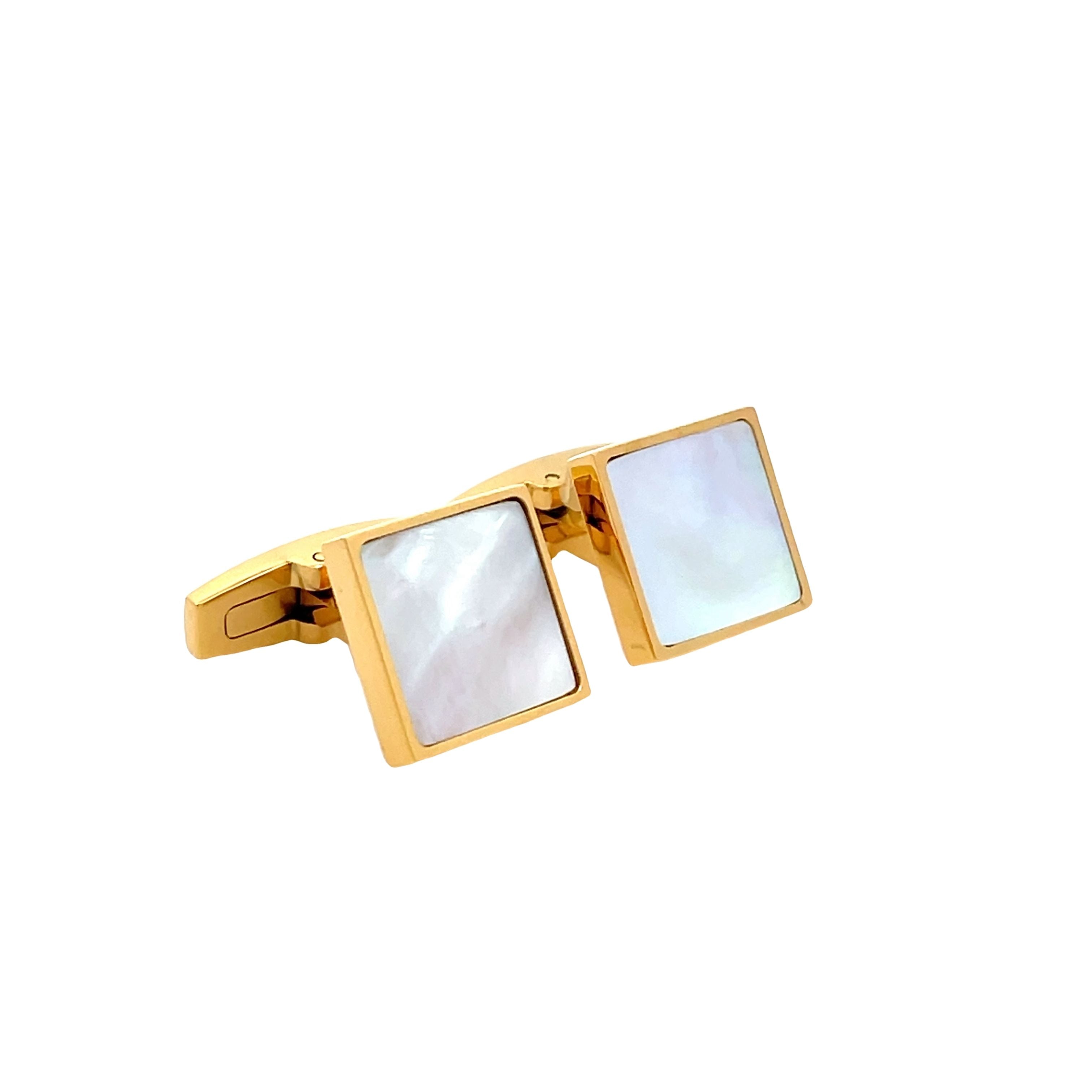 Gold Plated Stainless Steel White Mother Of Pearl Square Cufflinks