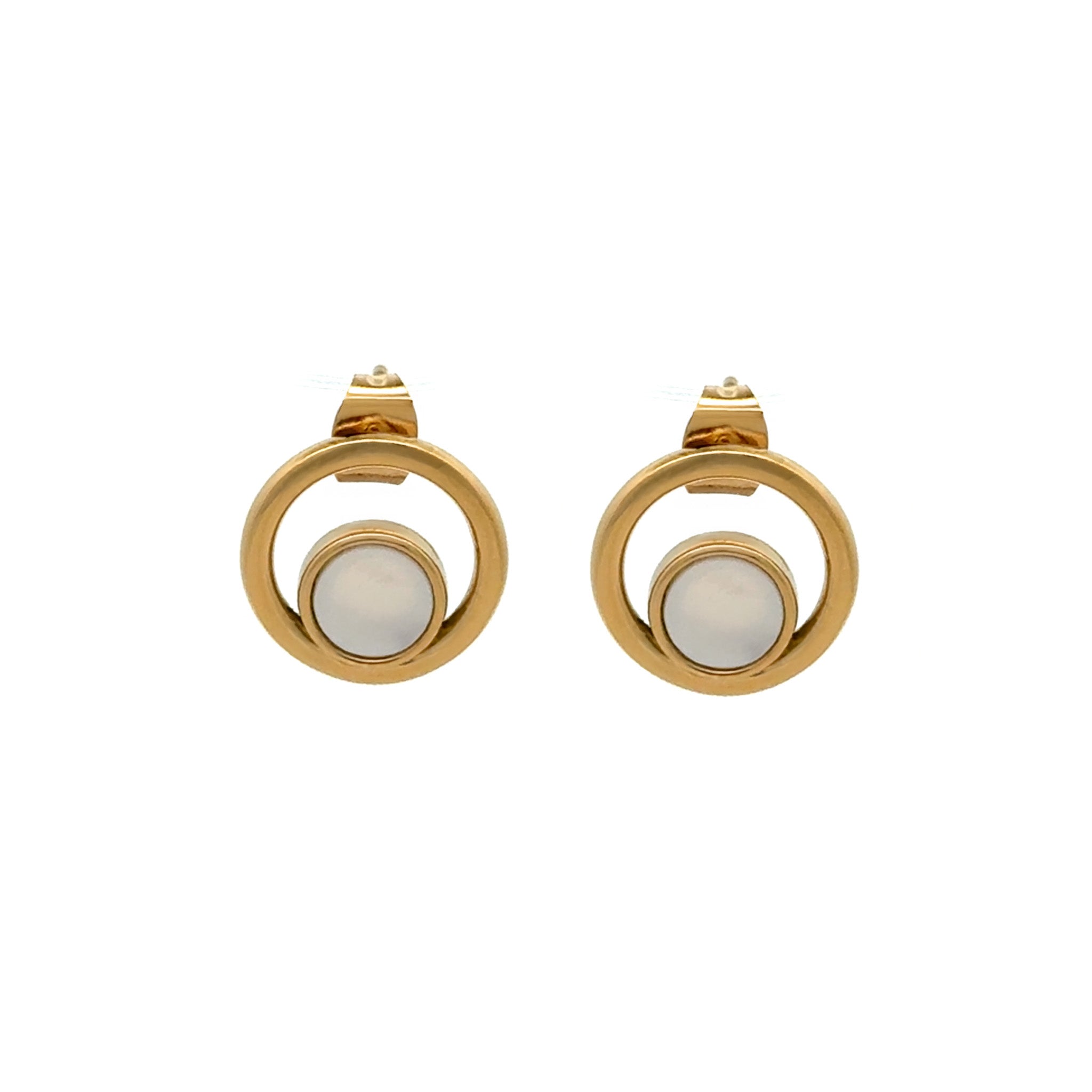 Gold Plated Stainless Steel White Mother Of Pearl Circle Earrings front view