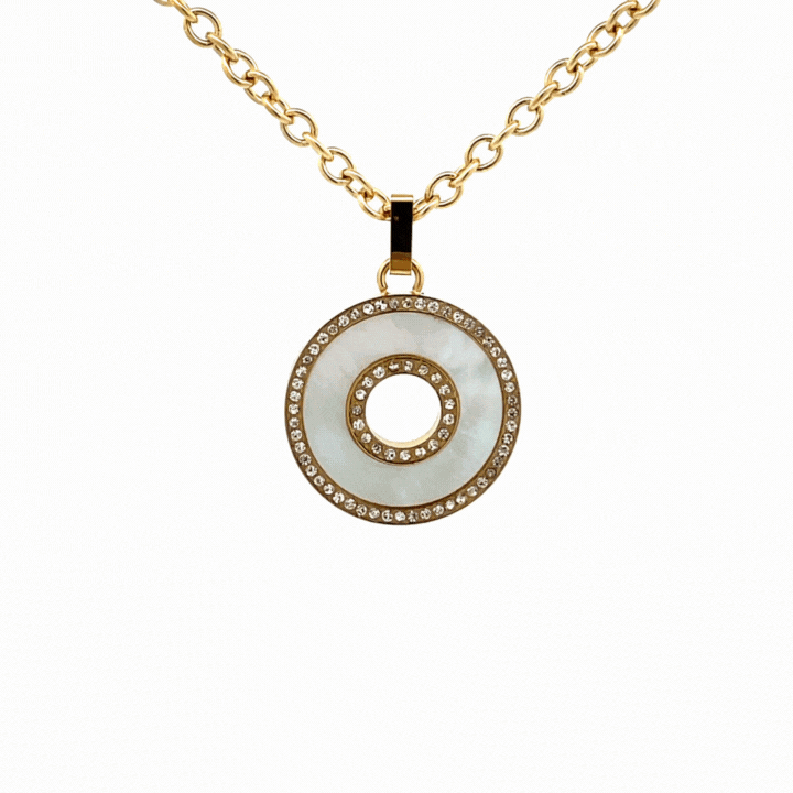 Gold Plated Stainless Steel White Mother of Pearl and Crystal Necklace