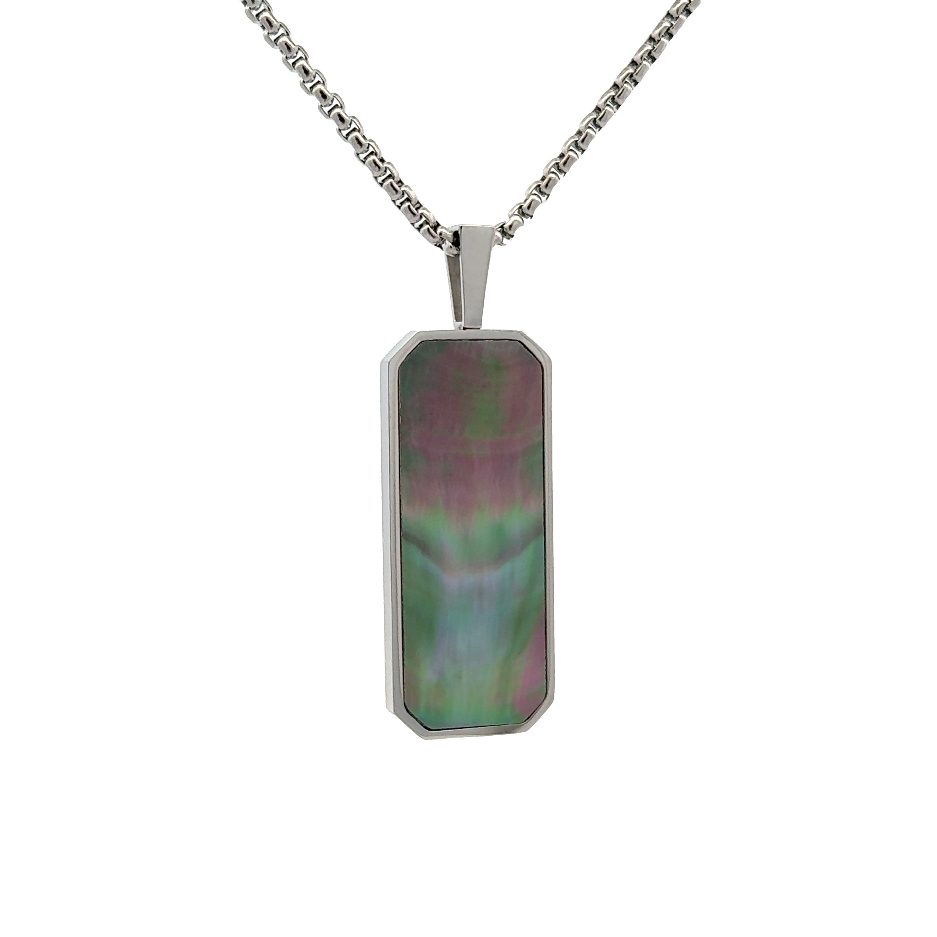 Stainless Steel and Black Mother Of Pearl Vertical Tag Necklace