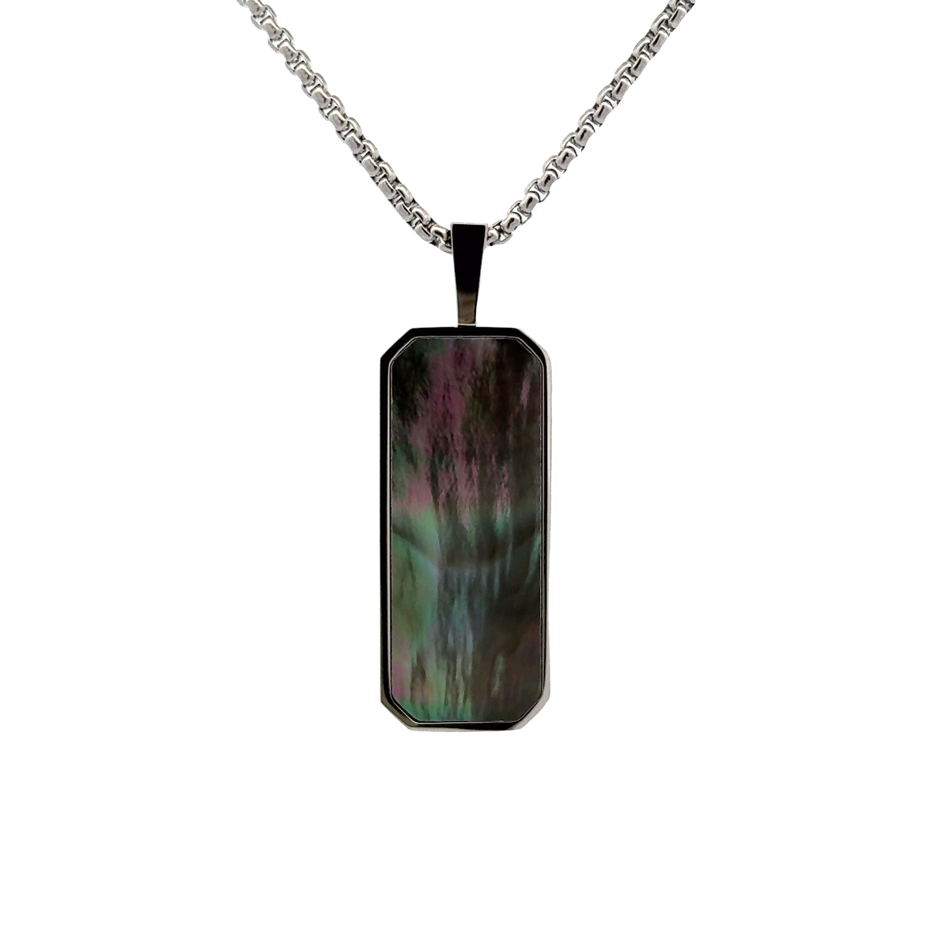 Stainless Steel and Black Mother Of Pearl Vertical Tag Necklace