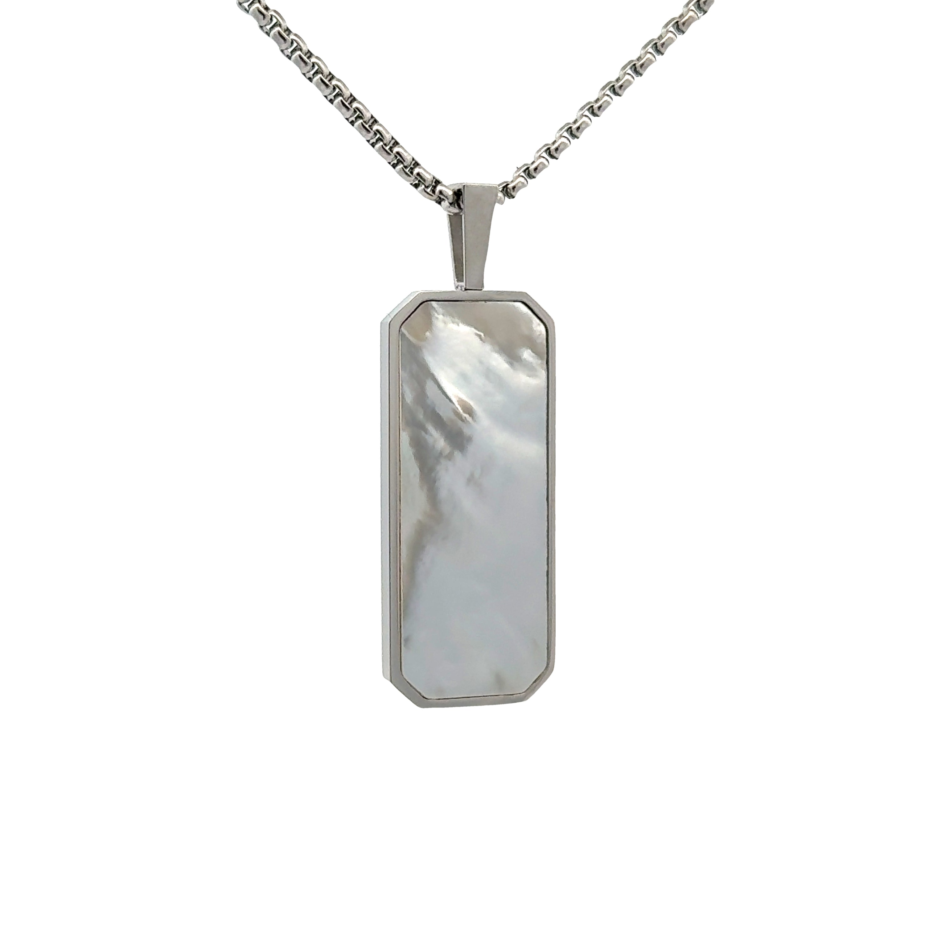 Stainless Steel and White Mother Of Pearl Vertical Tag Necklace