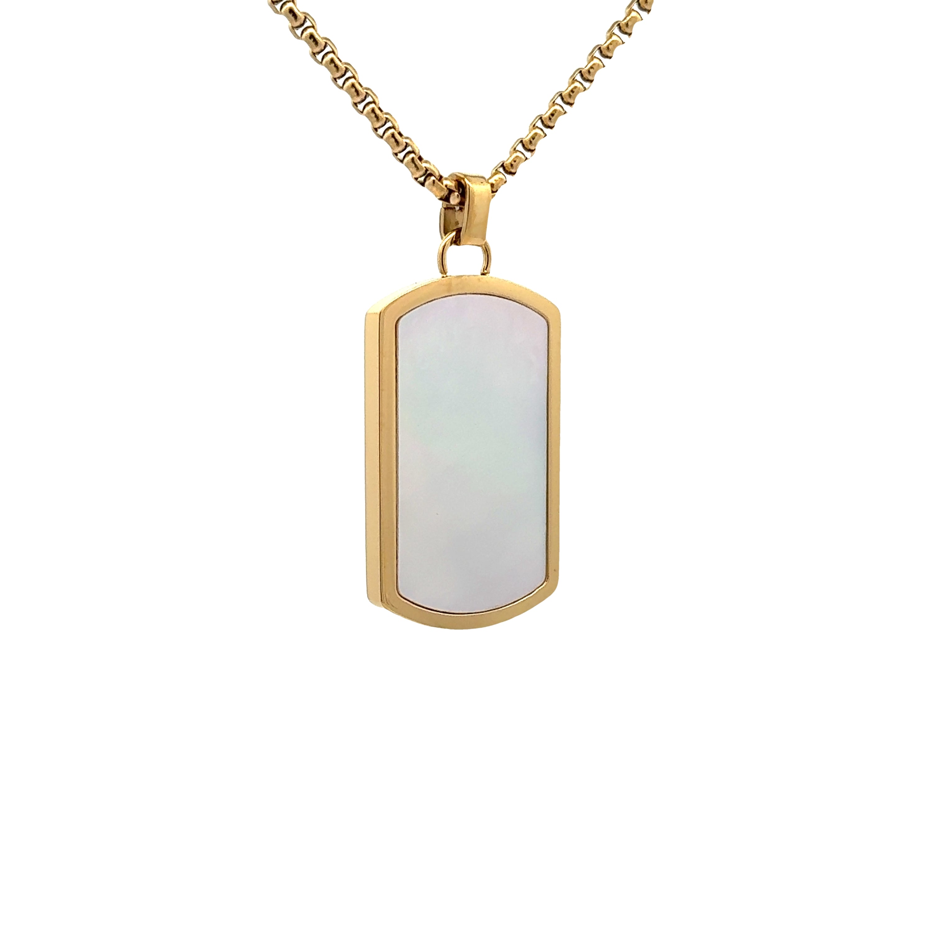 14K Gold Plated Stainless Steel and White Mother Of Pearl Tag Necklace