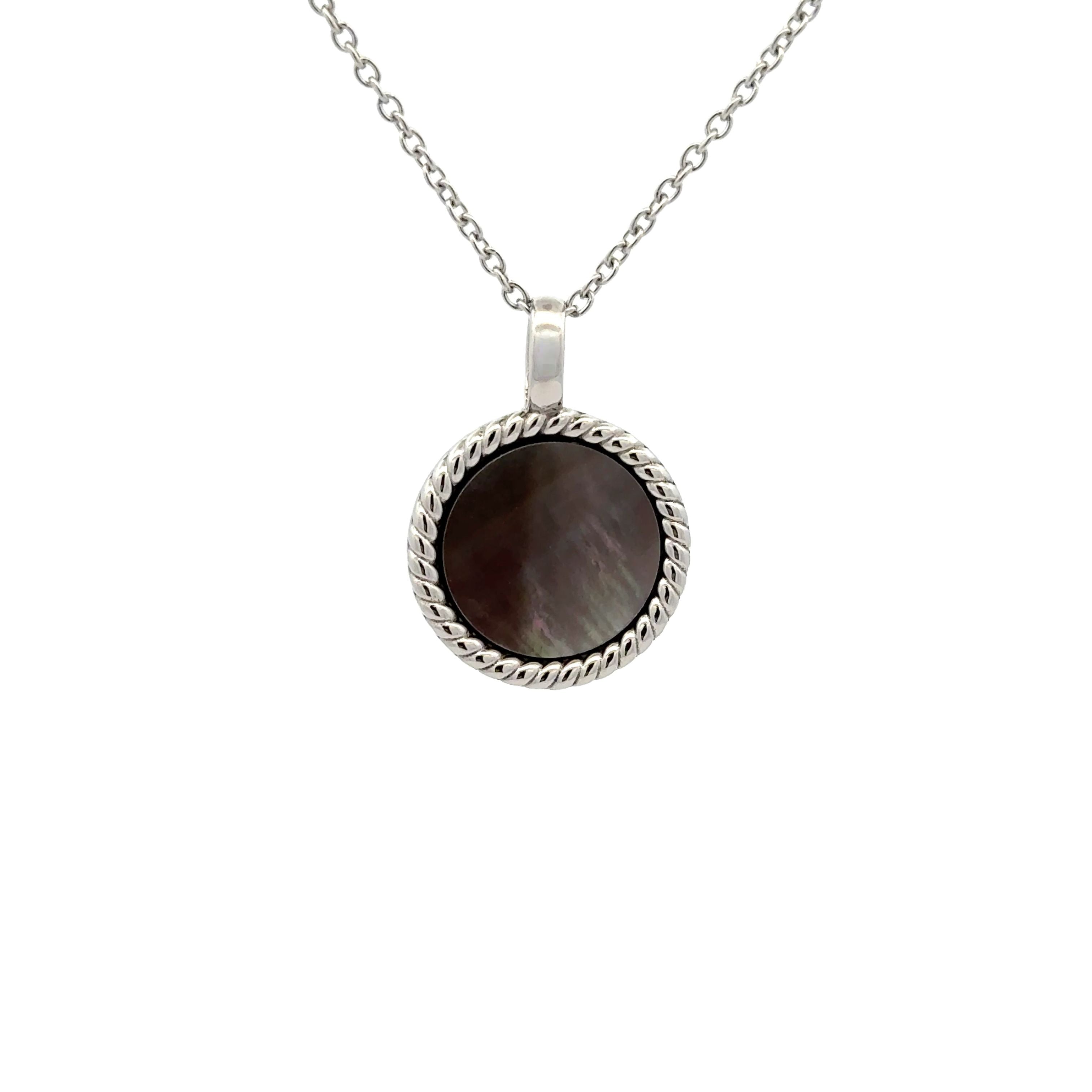 Stainless Steel Black Mother of Pearl Antique Style Disc Necklace