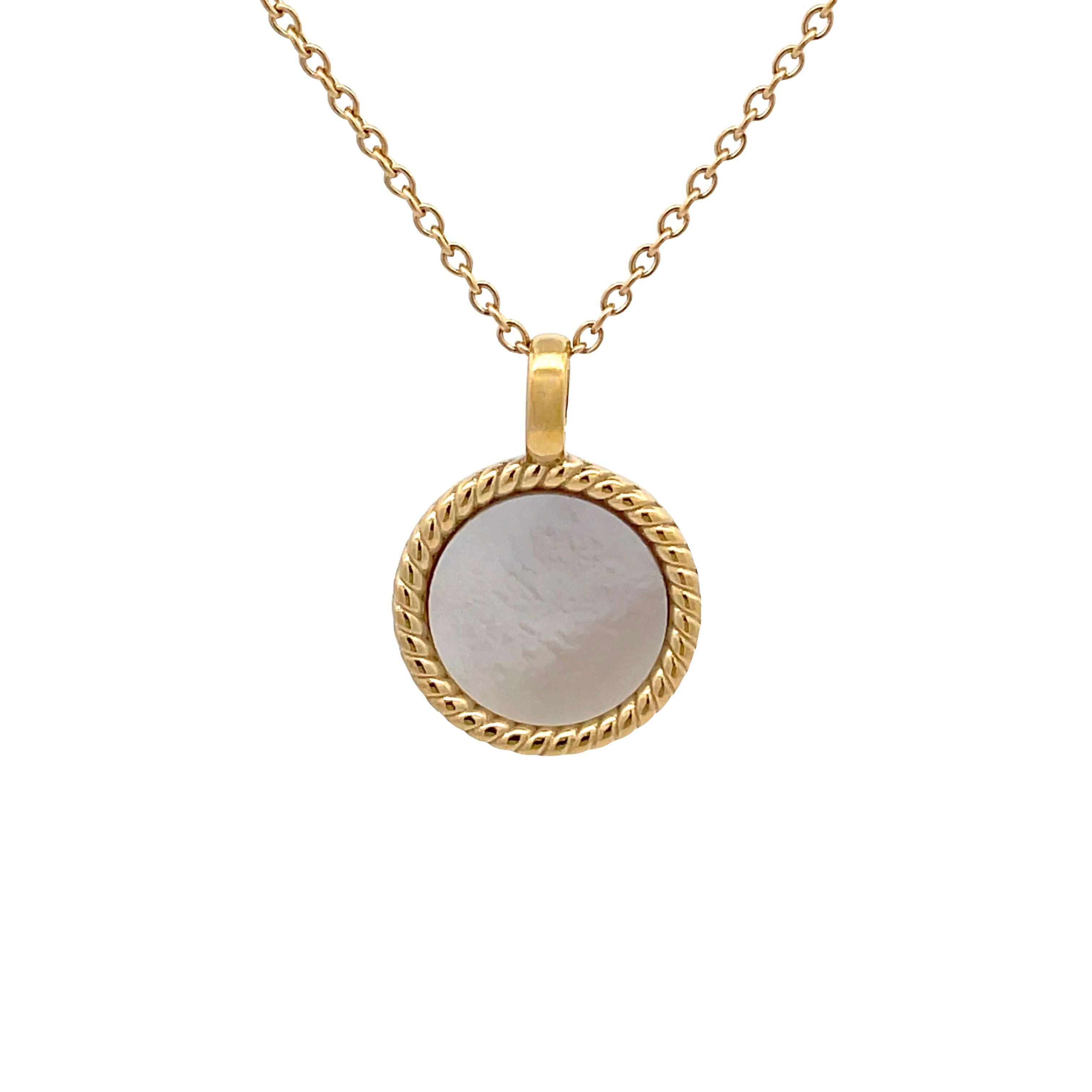 14K Gold Plated Stainless Steel White Mother Of Pearl Antique Style Disc Necklace