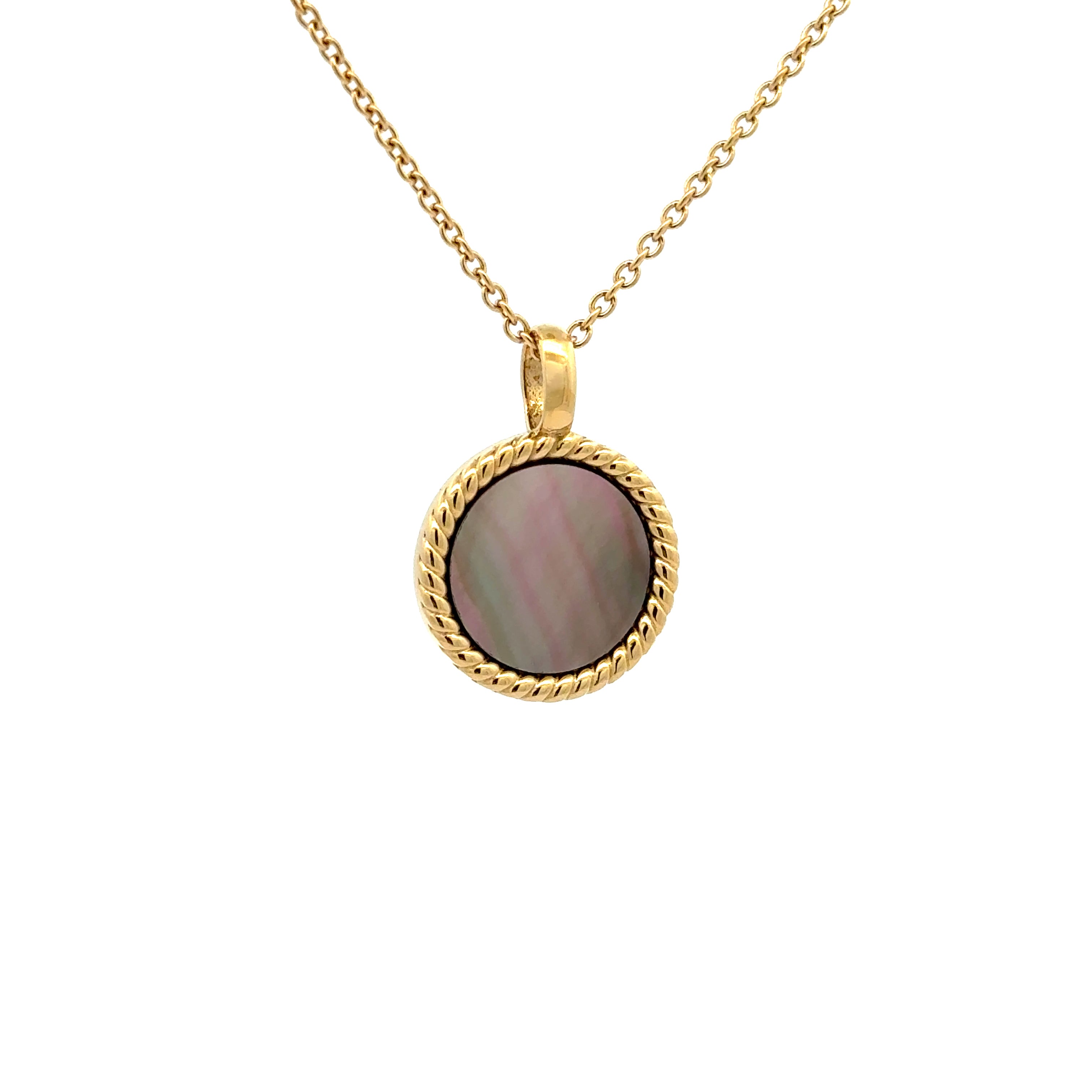14K Gold Plated Stainless Steel Black Mother Of Pearl Antique Style Disc Necklace