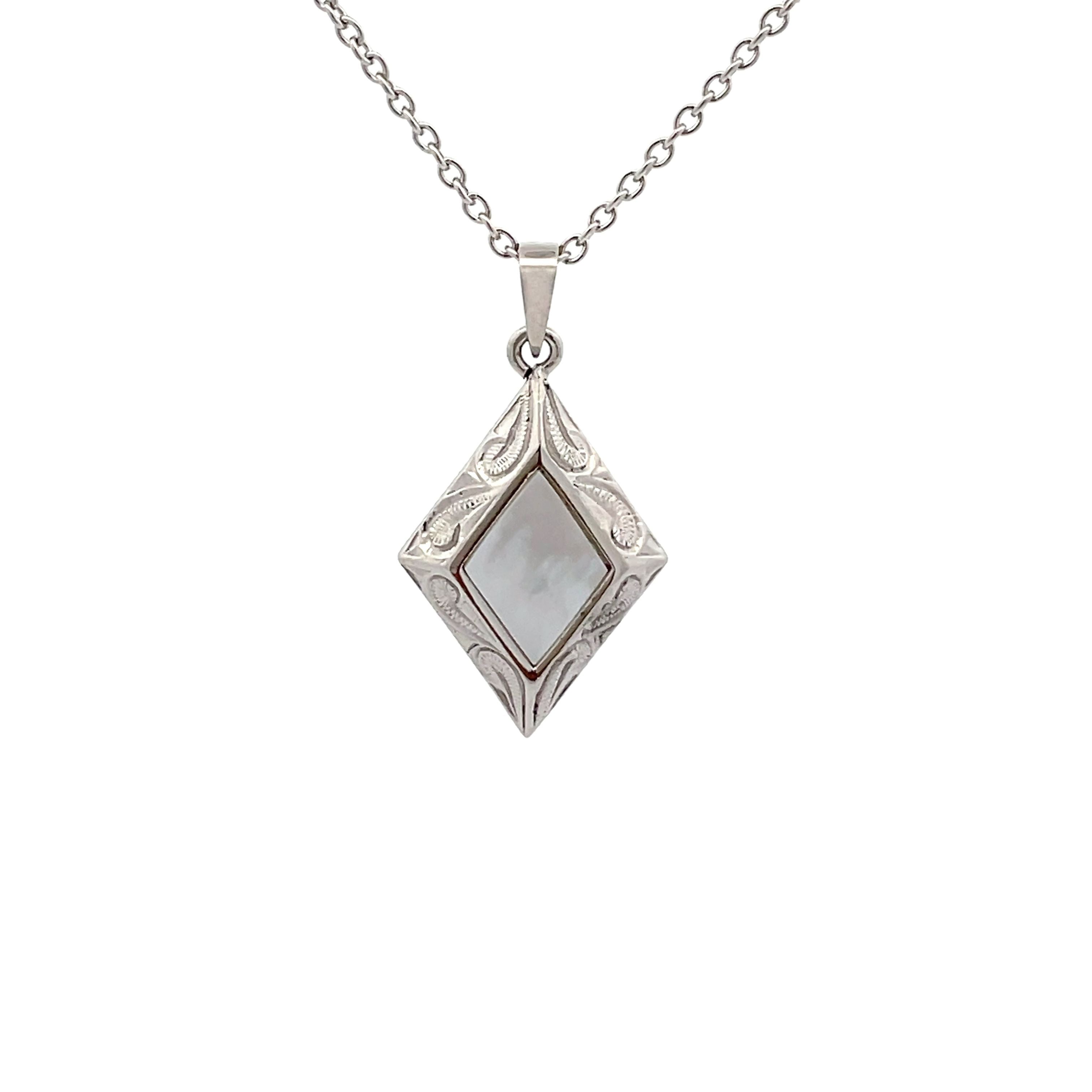 Stainless Steel White Mother Of Pearl Diamond Shape Necklace