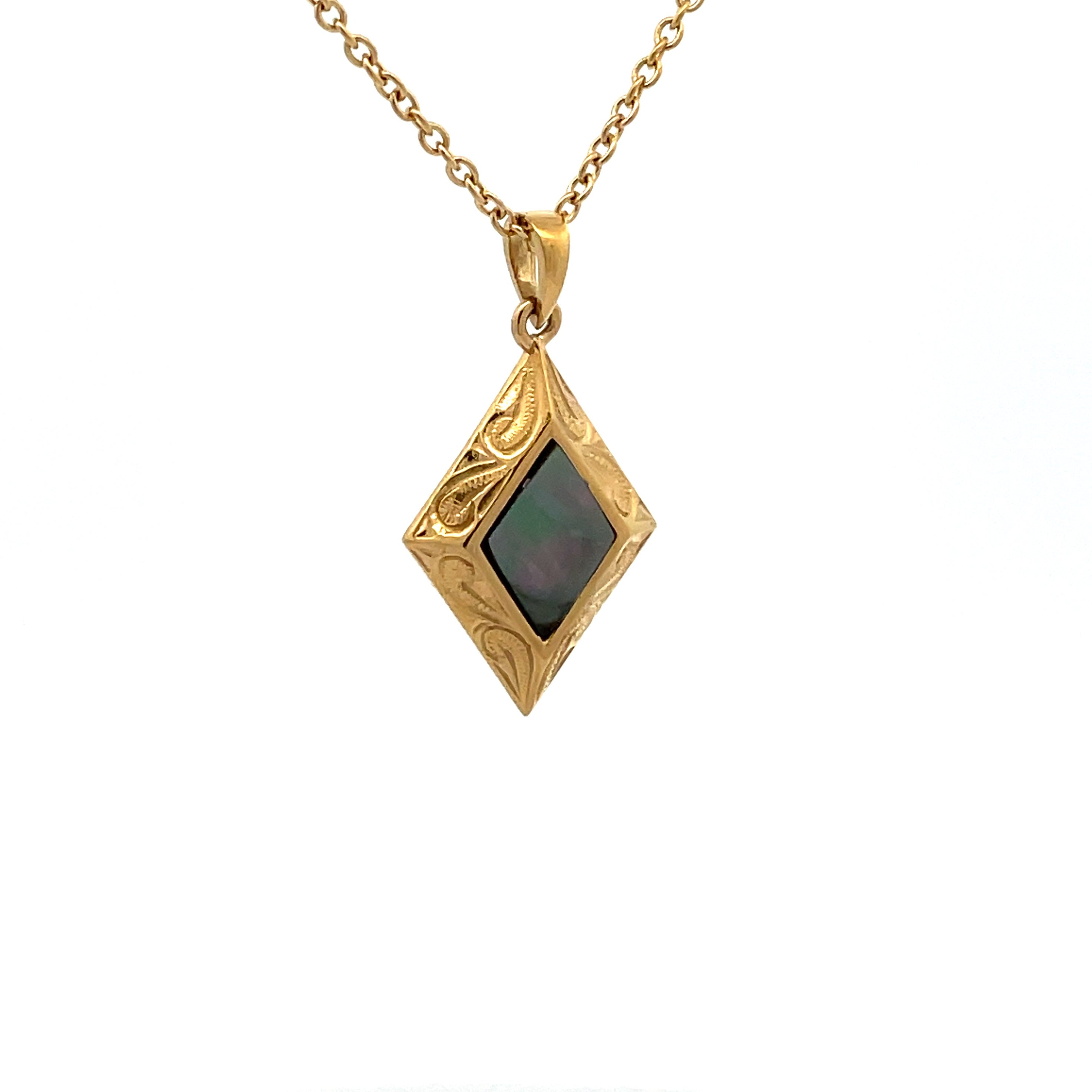 14K Gold Plated Stainless Steel Black Mother of Pearl Diamond Shaped Necklace