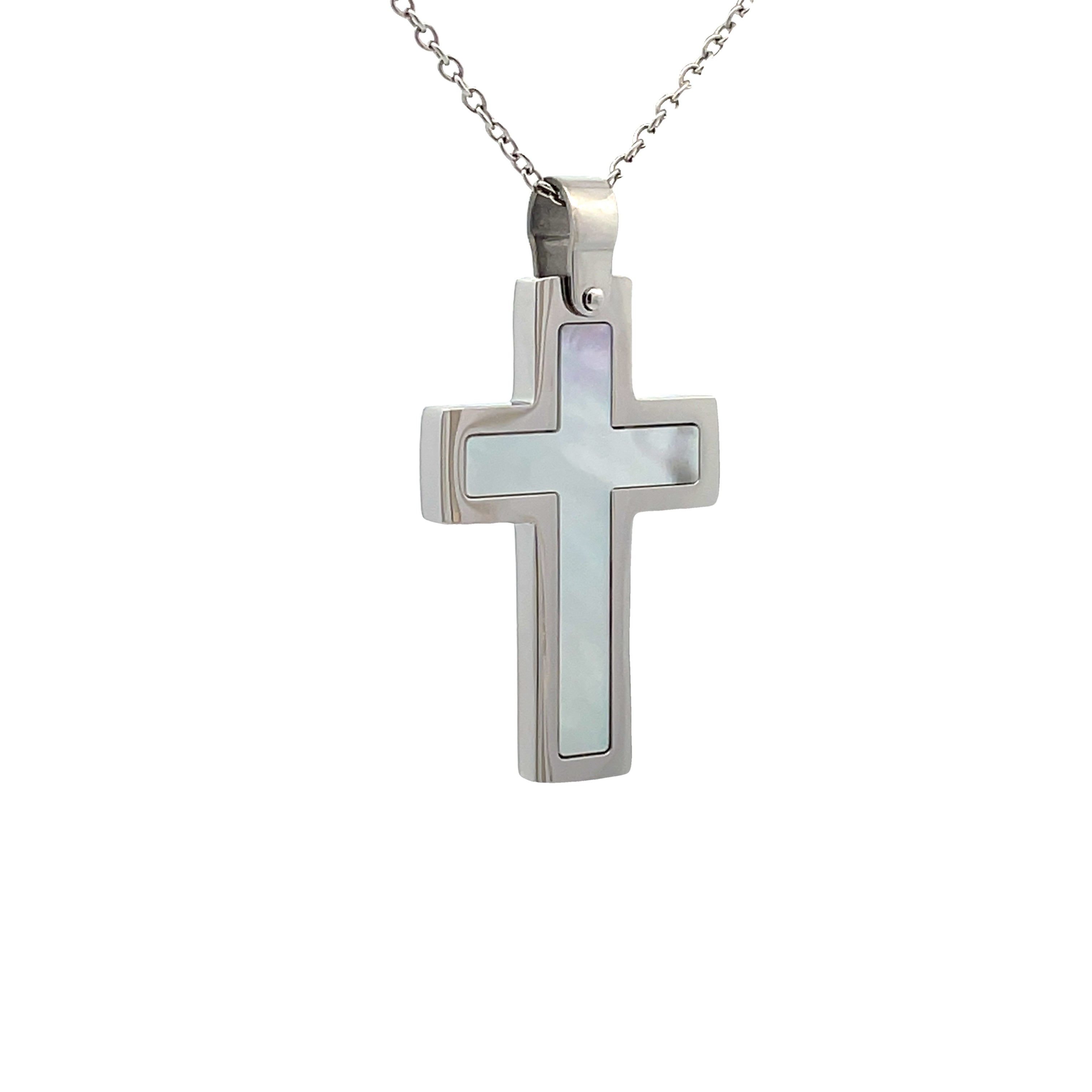 Stainless Steel White Mother Of Pearl Cross Pendant