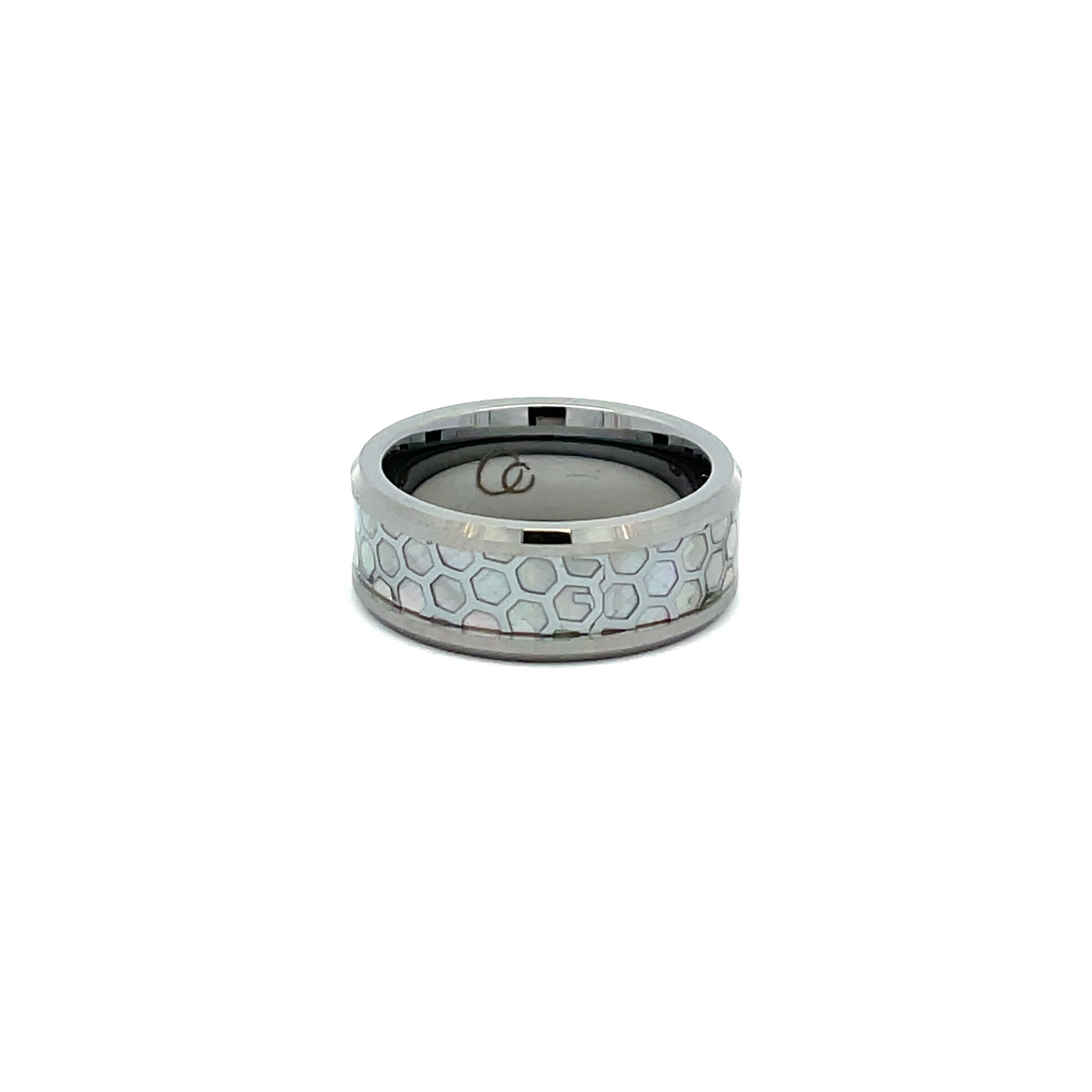 Tungsten Ring With Patterned White Mother Of Pearl