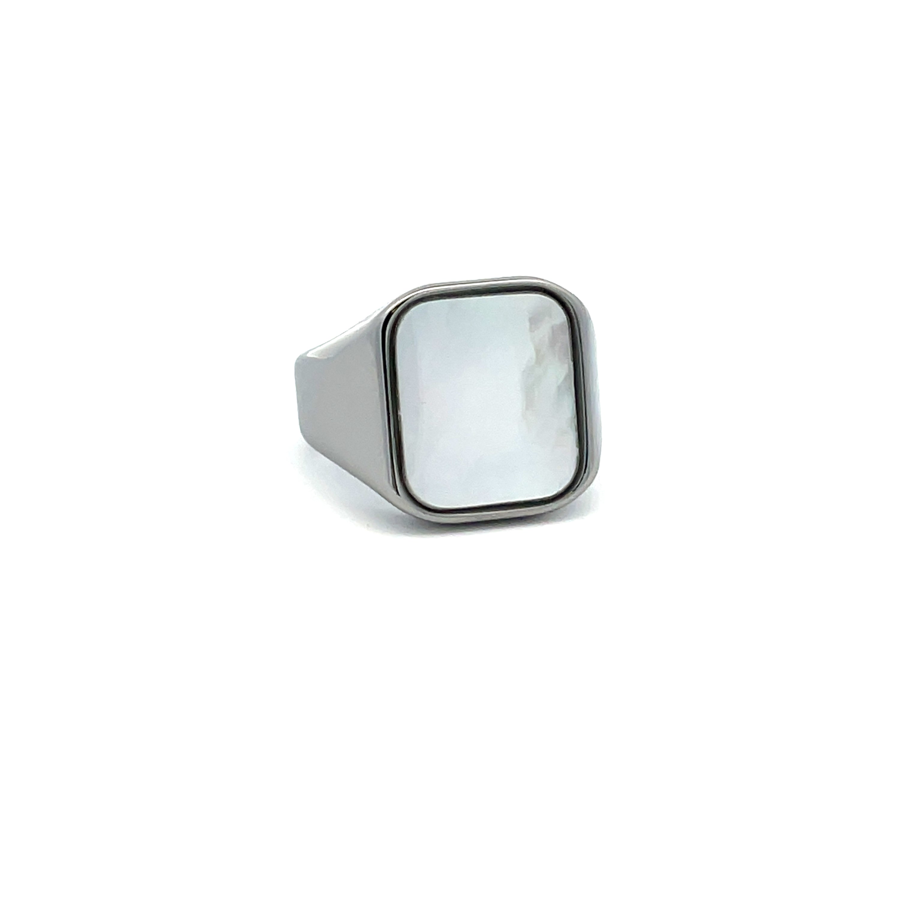 Tungsten Signet Ring With White Mother Of Pearl