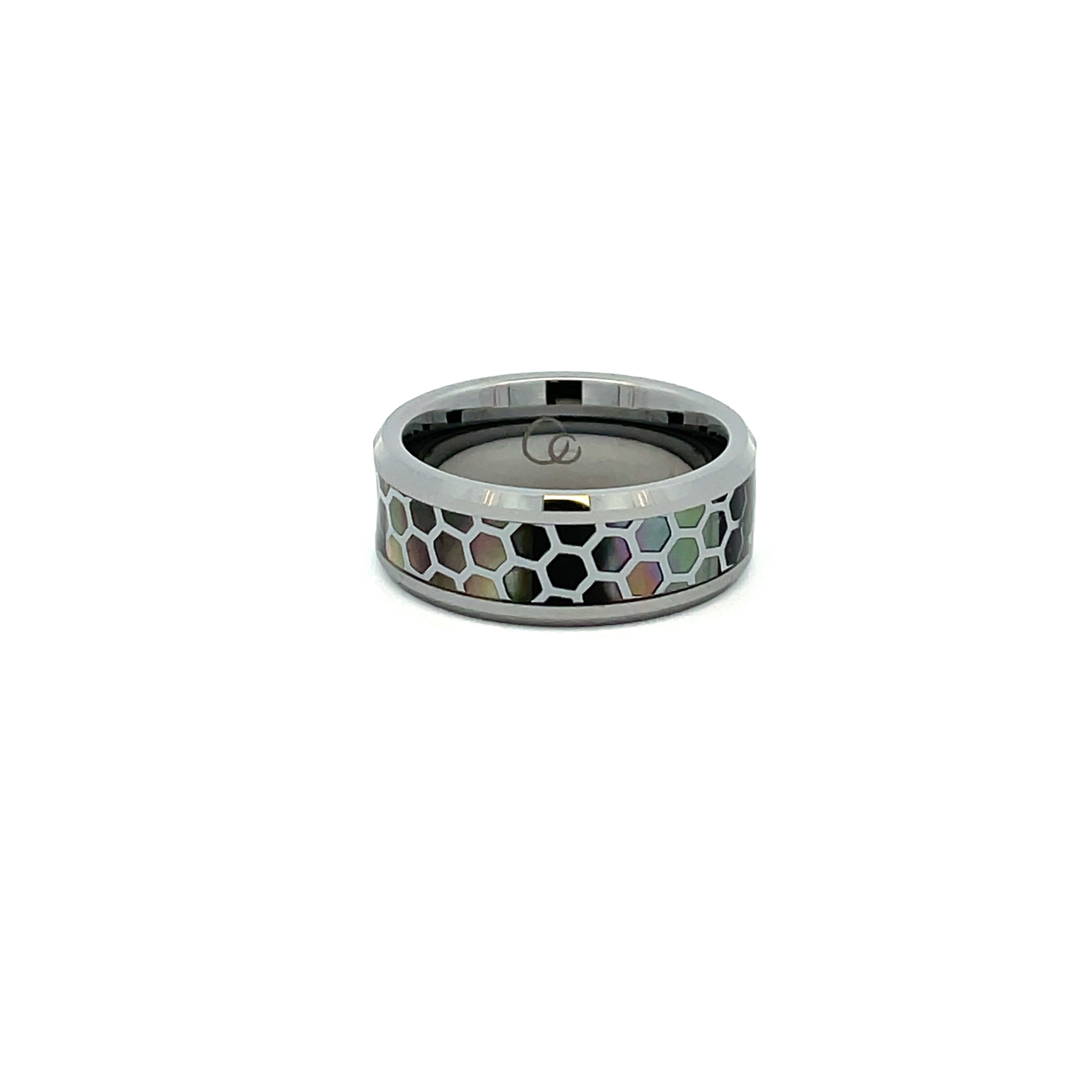 Tungsten Ring With Patterned Black Mother Of Pearl