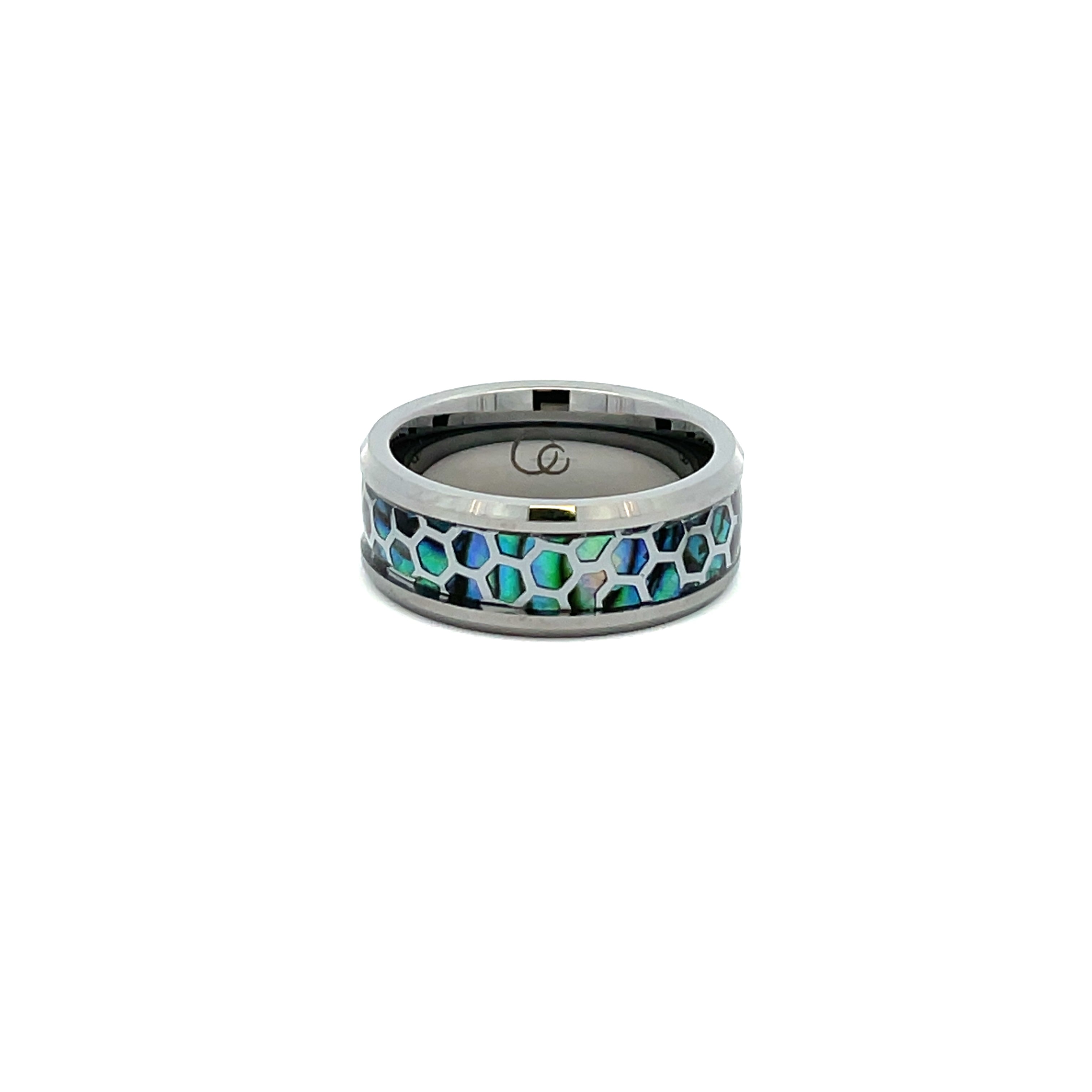 Tungsten Ring With Patterned Abalone Shell
