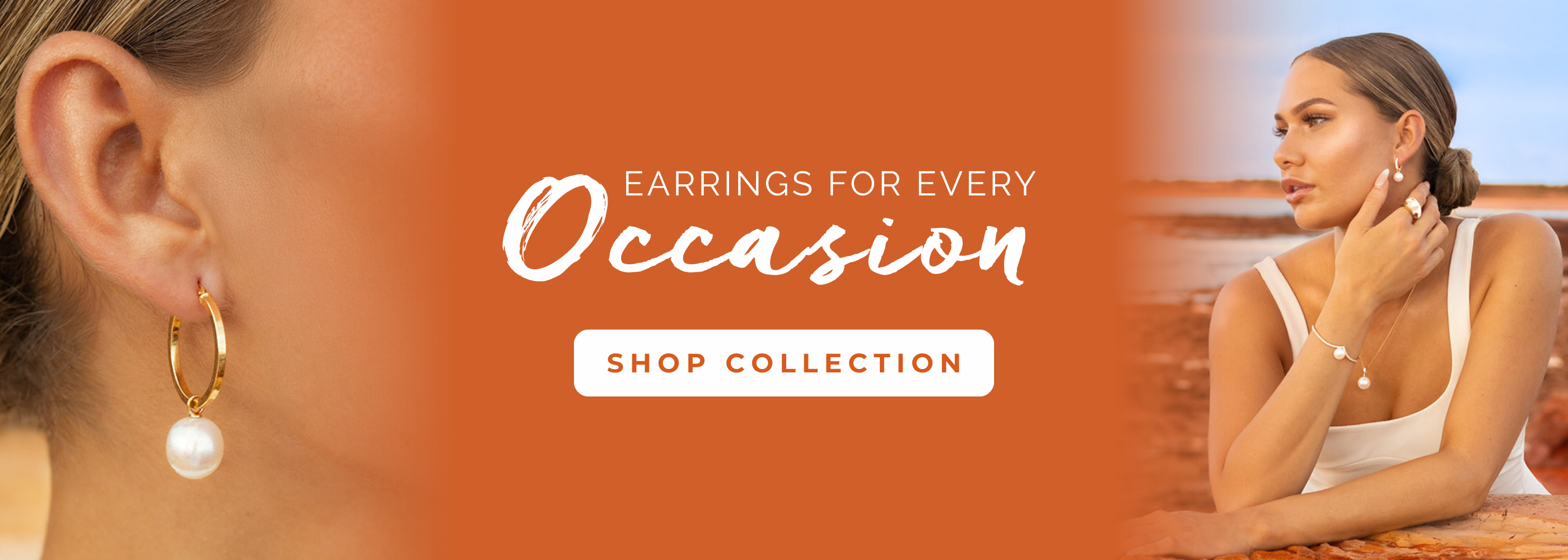 Promotional banner for earrings with a woman wearing an earring and text 'Earrings for every occasion, shop collection' on an orange background.