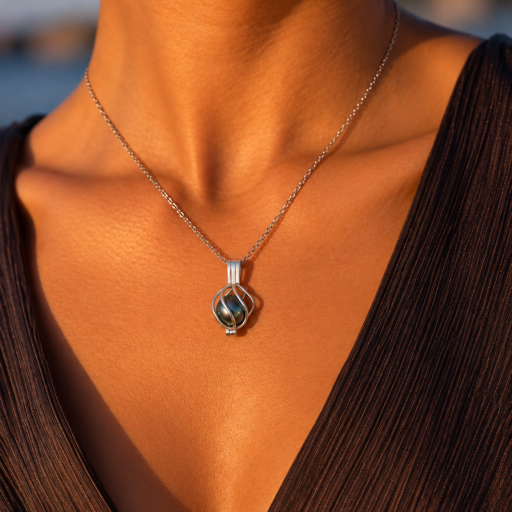 Sterling Silver Tahitian Pearl Cage Pendant on Model