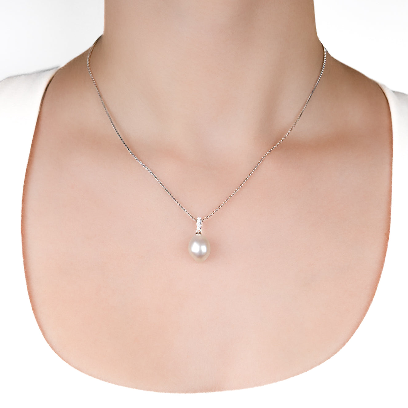 Sterling Silver Freshwater 10-11 mm Pearl and Cubic Zirconia Pendant on a model