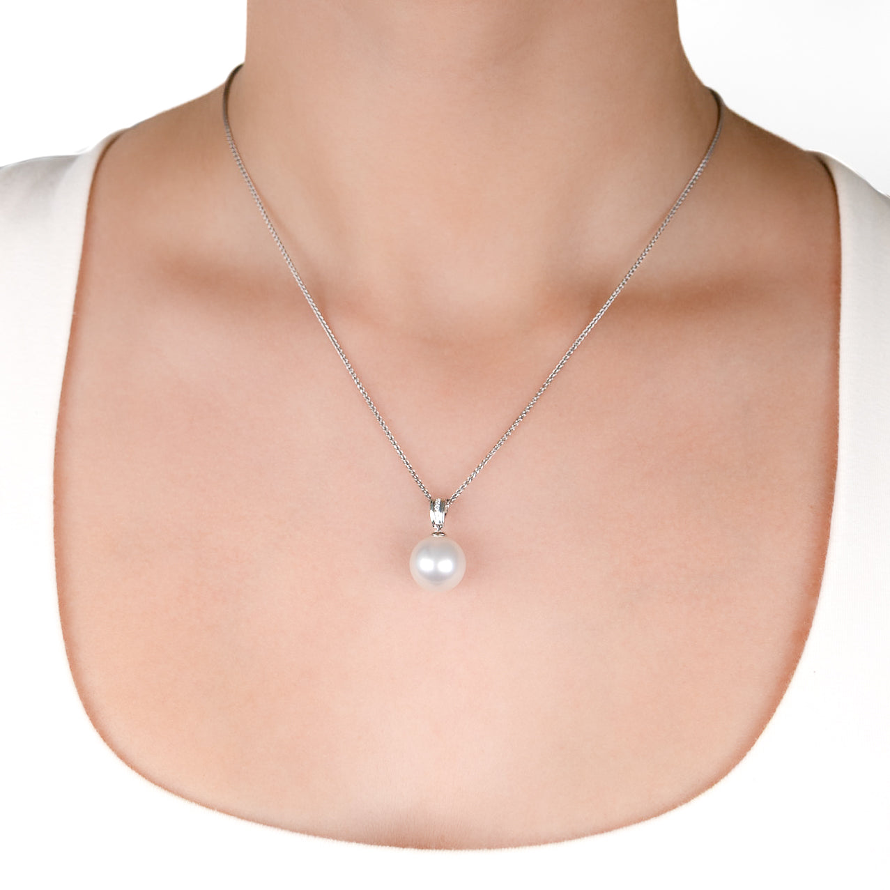 18K White Gold Australian South Sea 12-13mm Cultured Pearl and Diamond Pendant on a model
