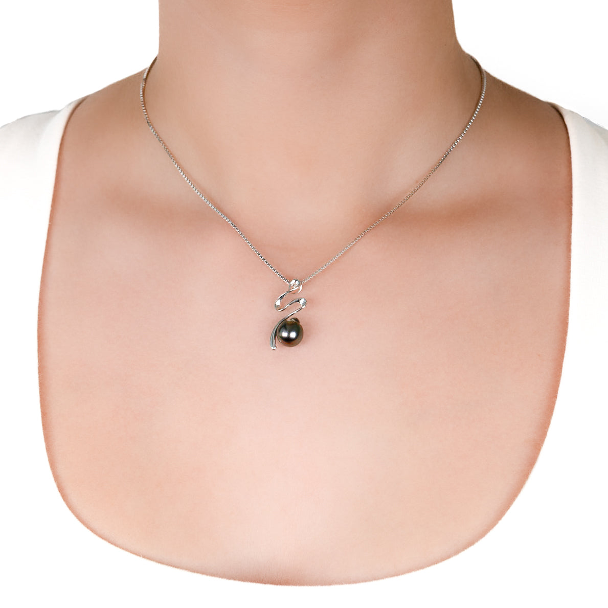 Sterling Silver Tahitian 9-10 mm Cultured Pearl Pendant on a model