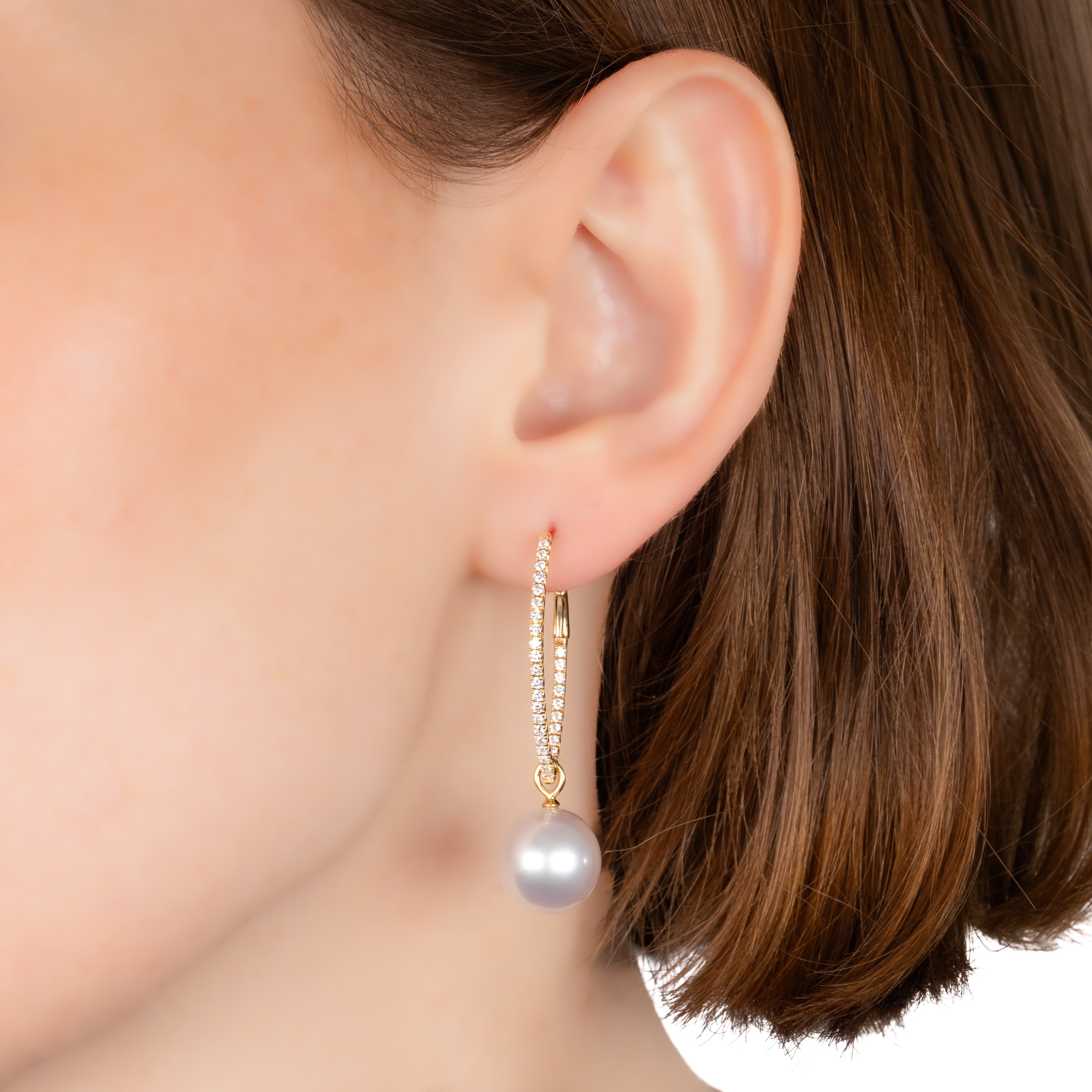 18K Yellow Gold Australian South Sea 12-13 mm Cultured Pearl and Diamond Drop Earrings on a model