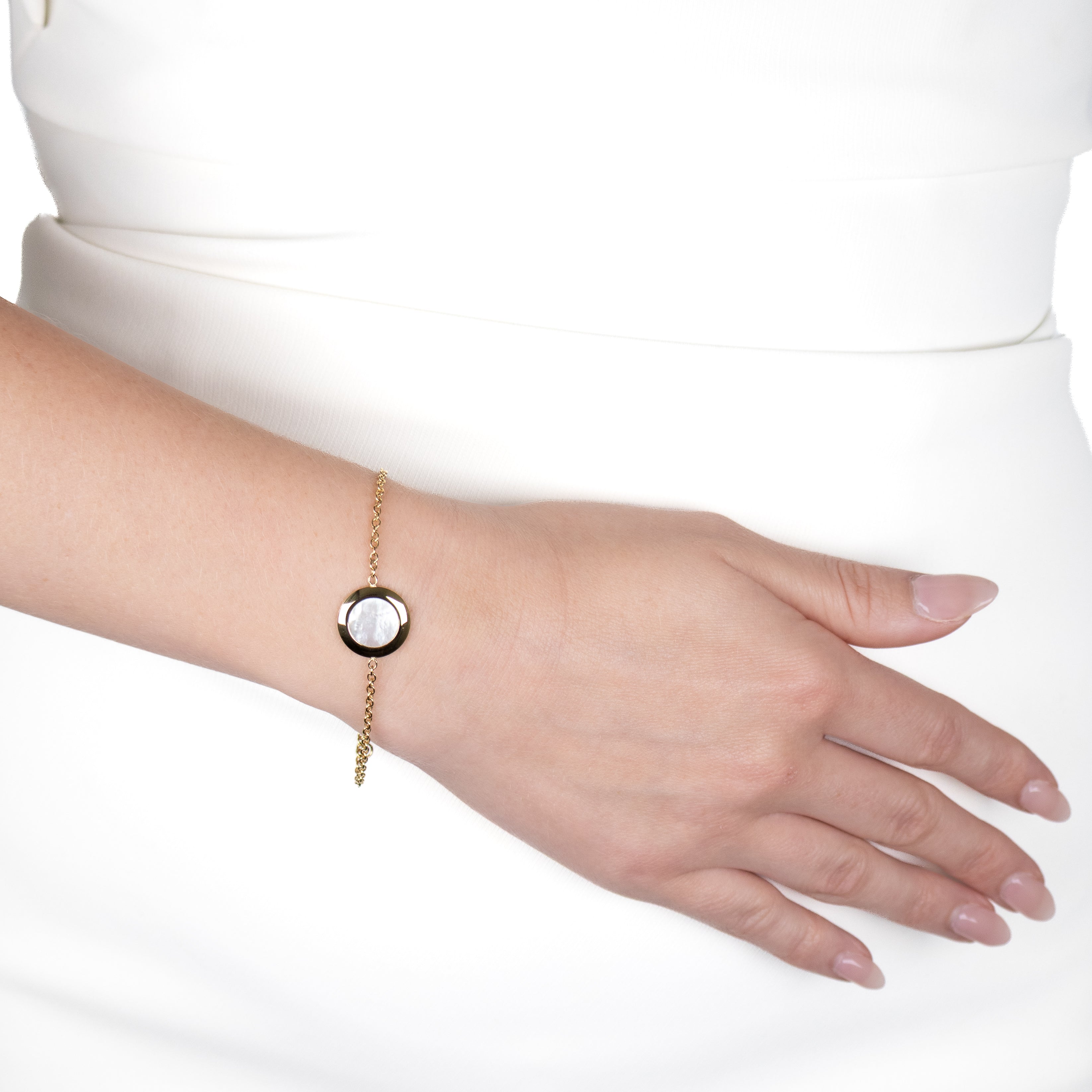 Gold Plated Stainless Steel with White Mother of Pearl Bracelet on a model