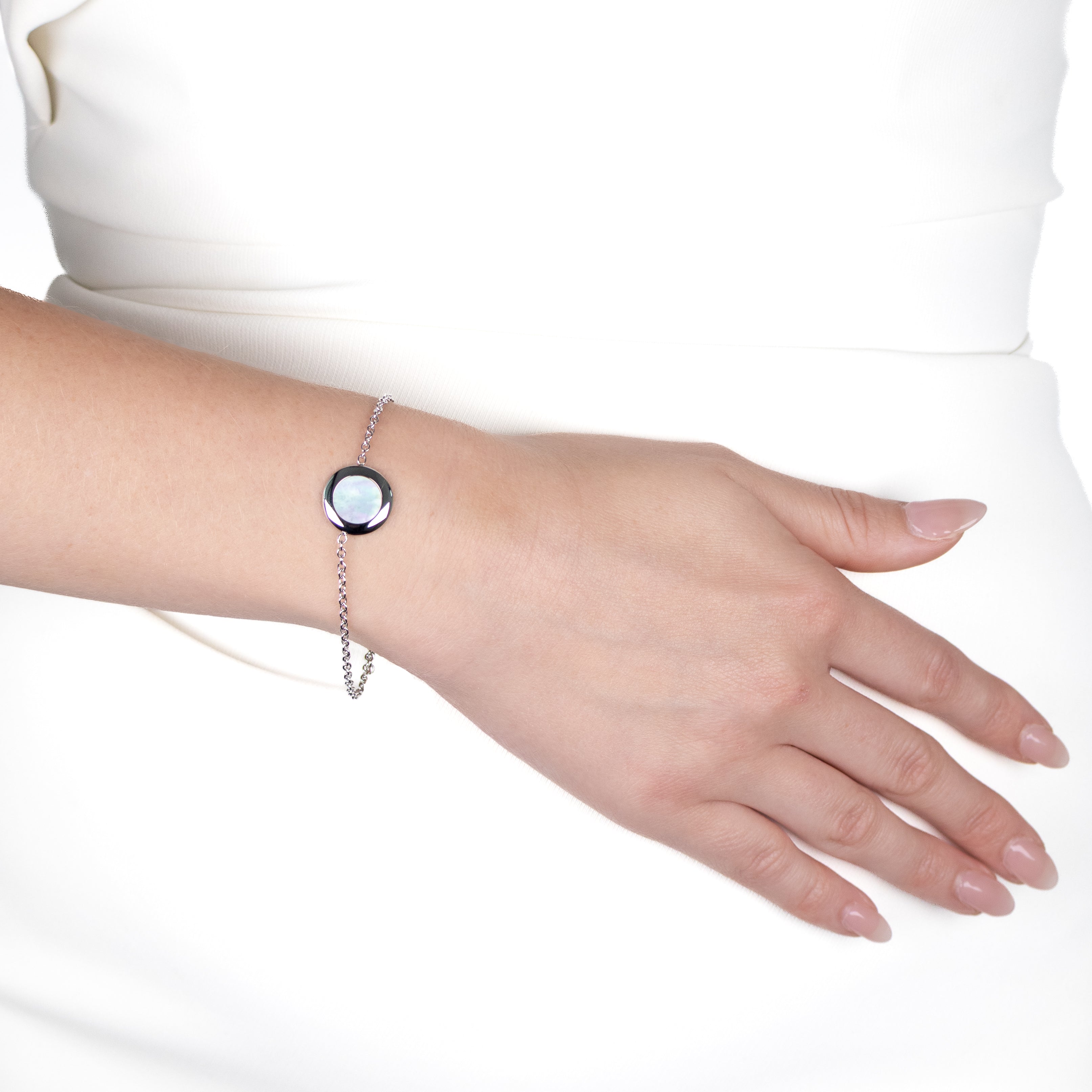 Stainless Steel with White Mother of Pearl Bracelet on a model