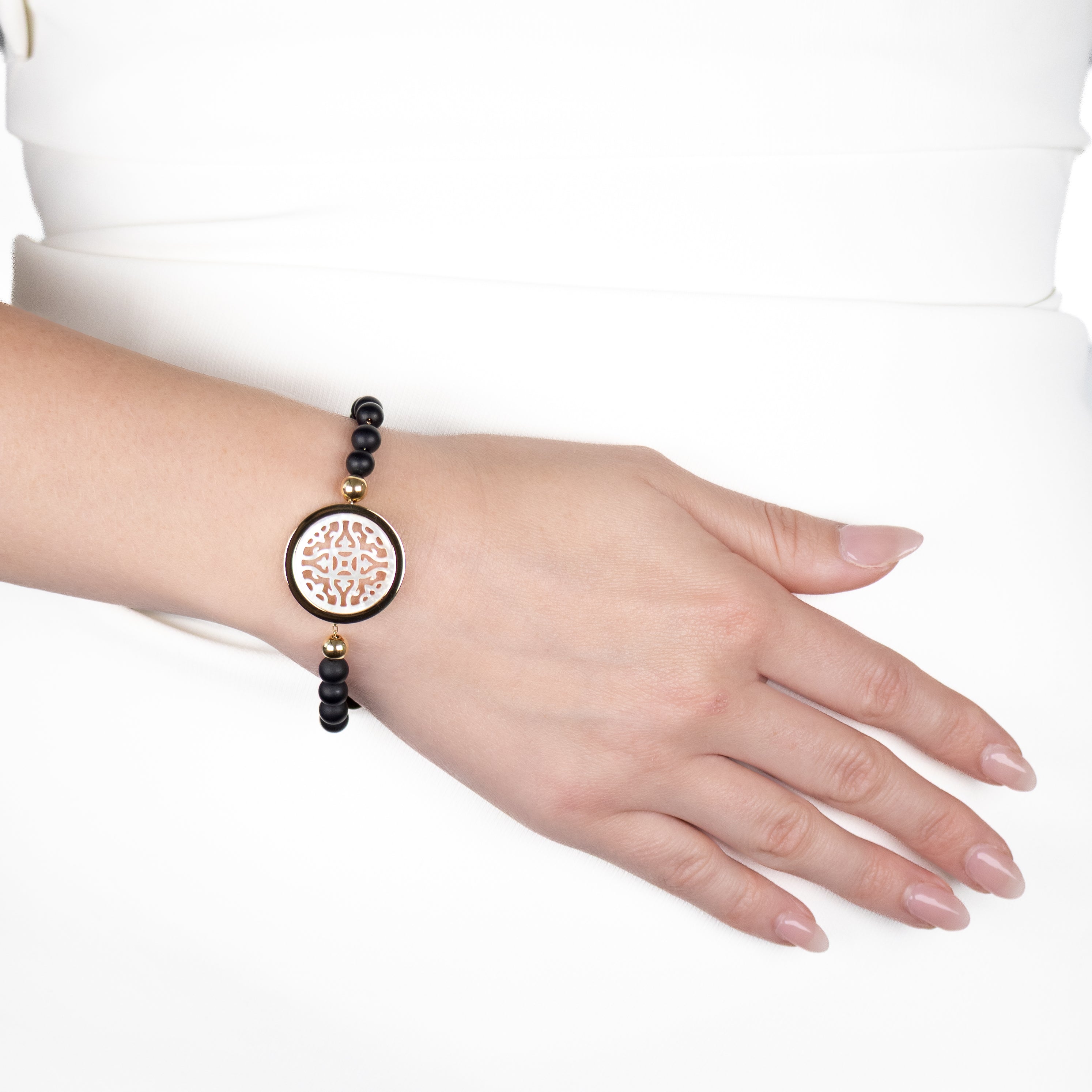 14K Gold Plated Stainless Steel, Agate and White Mother Of Pearl Bracelet on a model