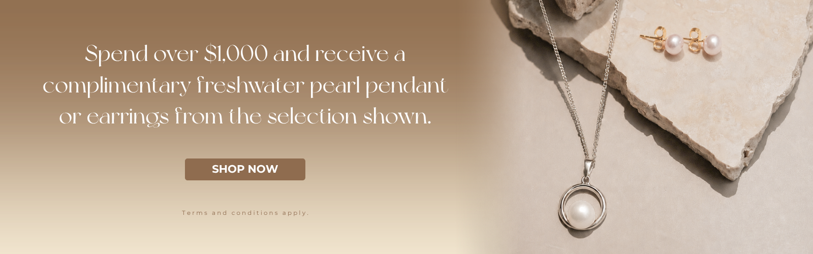 Spend over $1,000 and receive a complimentary freshwater pearl pendant or earrings from the selection shown.