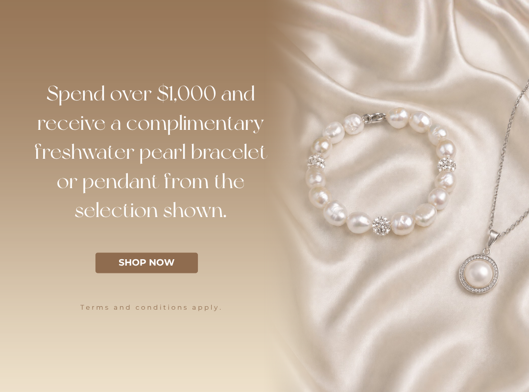 Spend over $1,000 and receive a complimentary freshwater pearl bracelet or pendant from the selection shown.