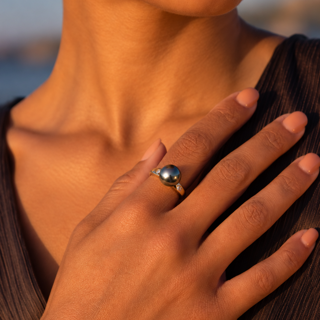 9K Yellow Gold Tahitian 10-11mm Cultured Pearl and Diamond Ring on model