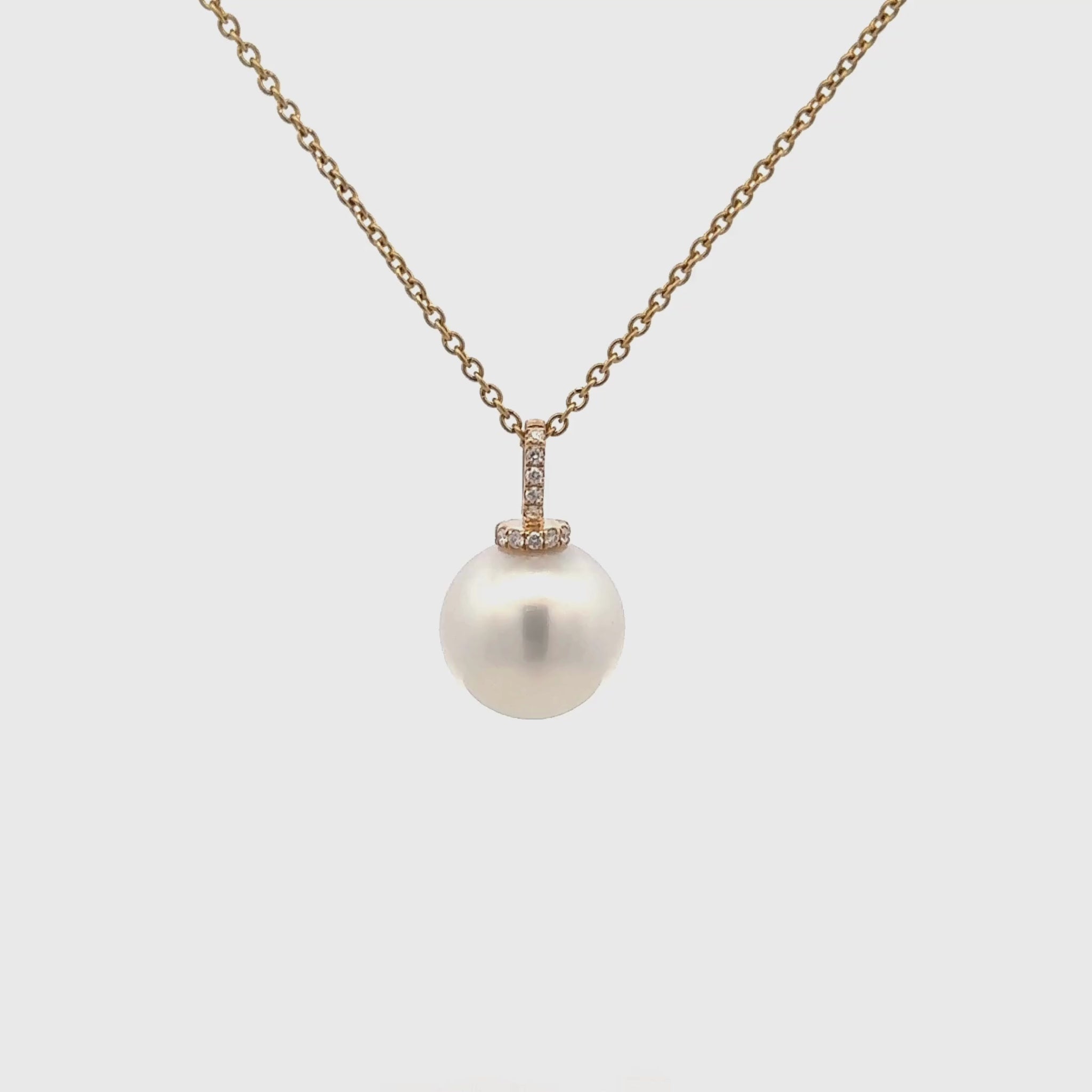 9K Yellow Gold Australian South Sea 13-14 mm Cultured Pearl and Diamond Pendant 360 view video