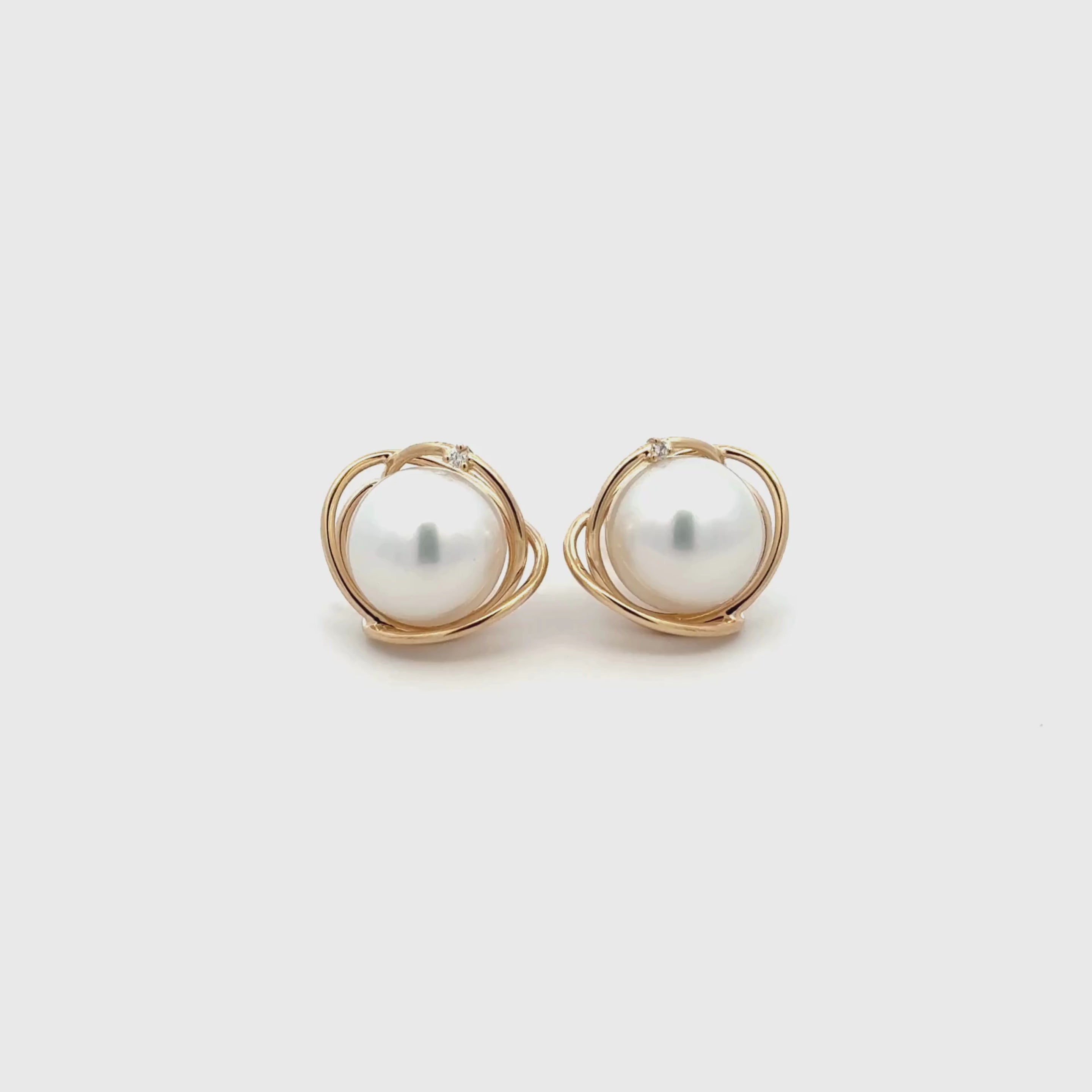 9K Yellow Gold Australian South Sea 9-10 mm Cultured Pearl and Diamond Stud Earrings 360 view