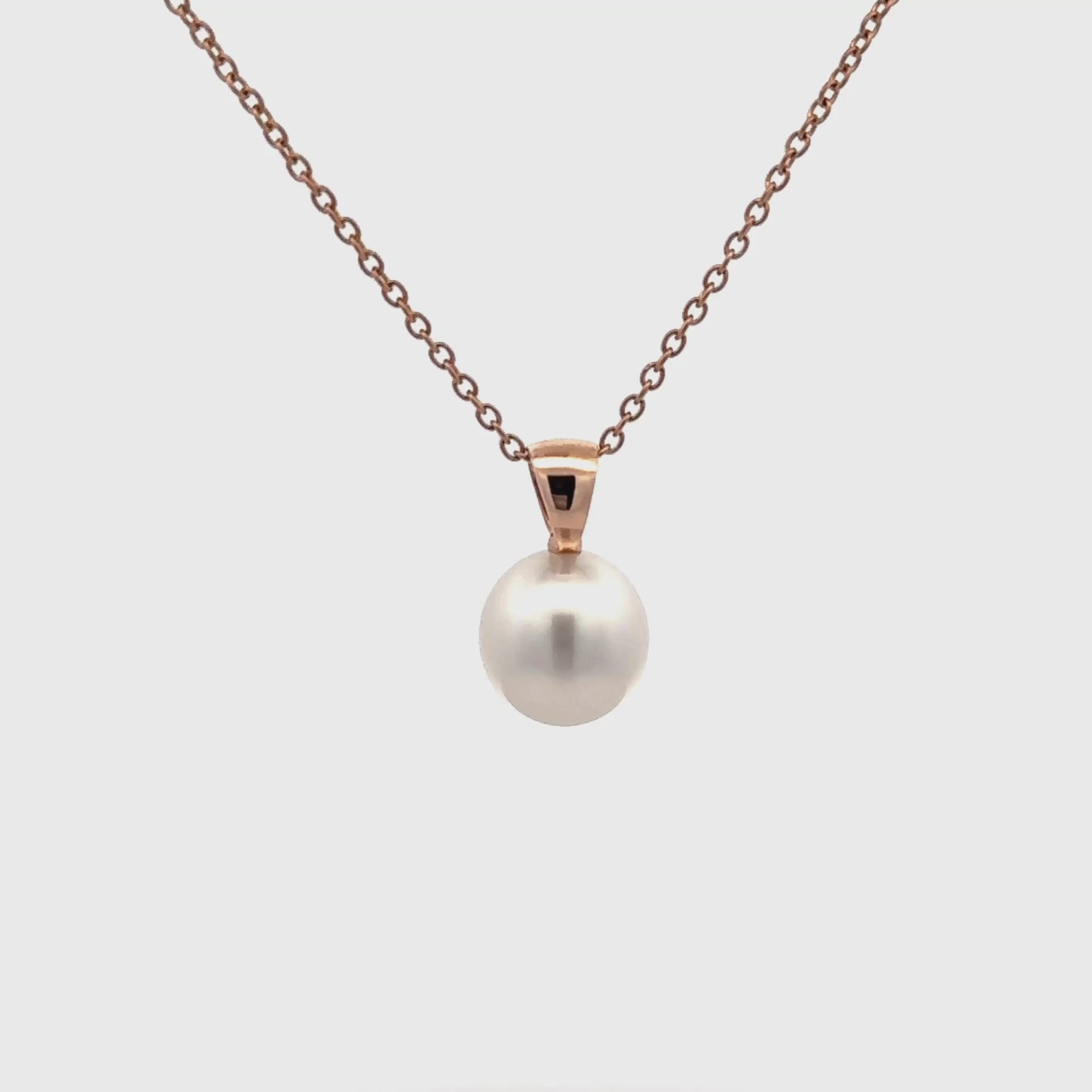 18K Rose Gold Australian South Sea 11-12 mm Cultured Pearl Pendant 360 degree view on a white background