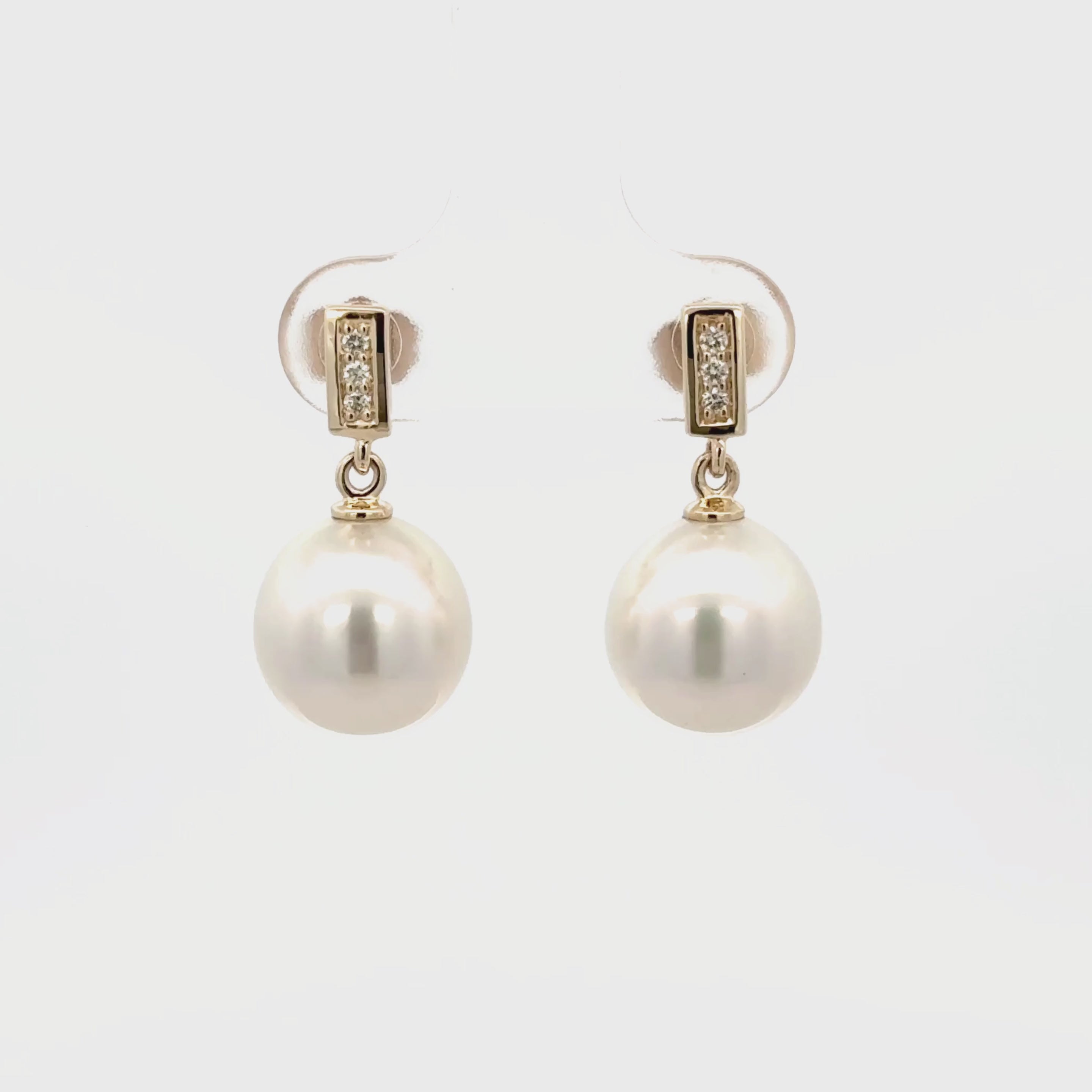 9K Yellow Gold Australian South Sea 10-11mm Cultured Pearl and Diamond Drop Earrings 360 view