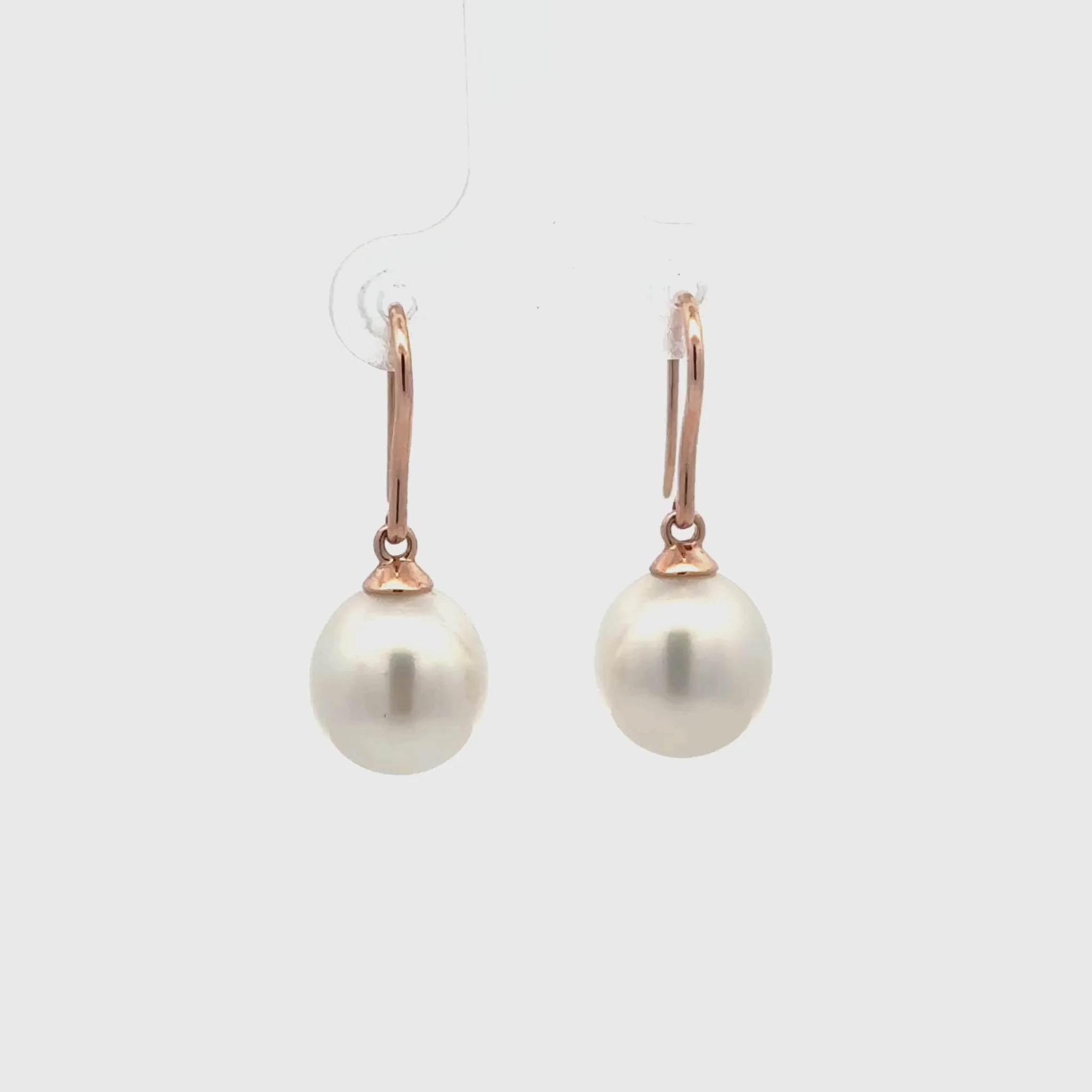 9K Rose Gold Australian South Sea 10-11 mm Cultured Pearl Hook Earrings 360 view video