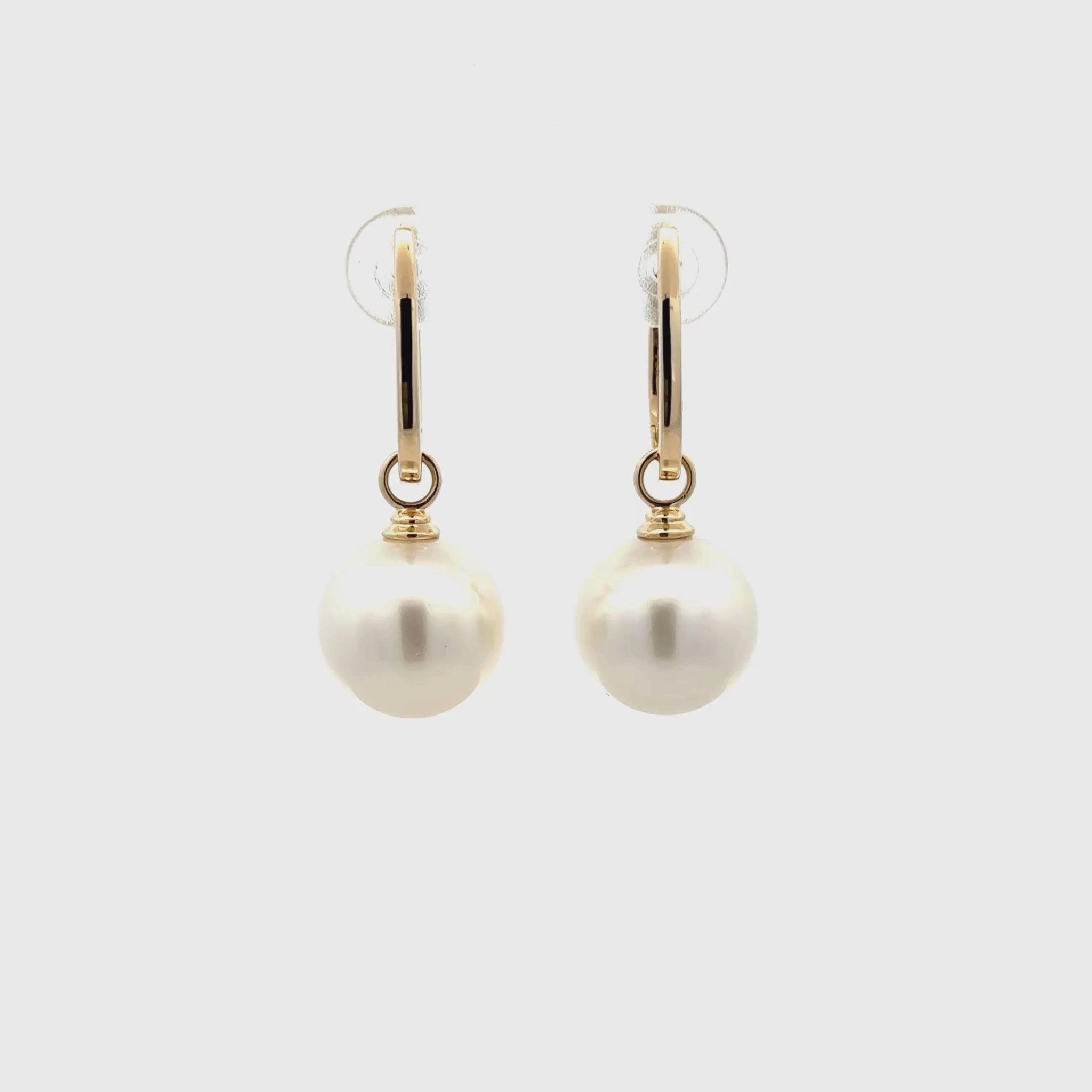 9K Yellow Gold Australian South Sea Cultured 12-13mm Pearl Huggie Earrings 360 degree video with white background