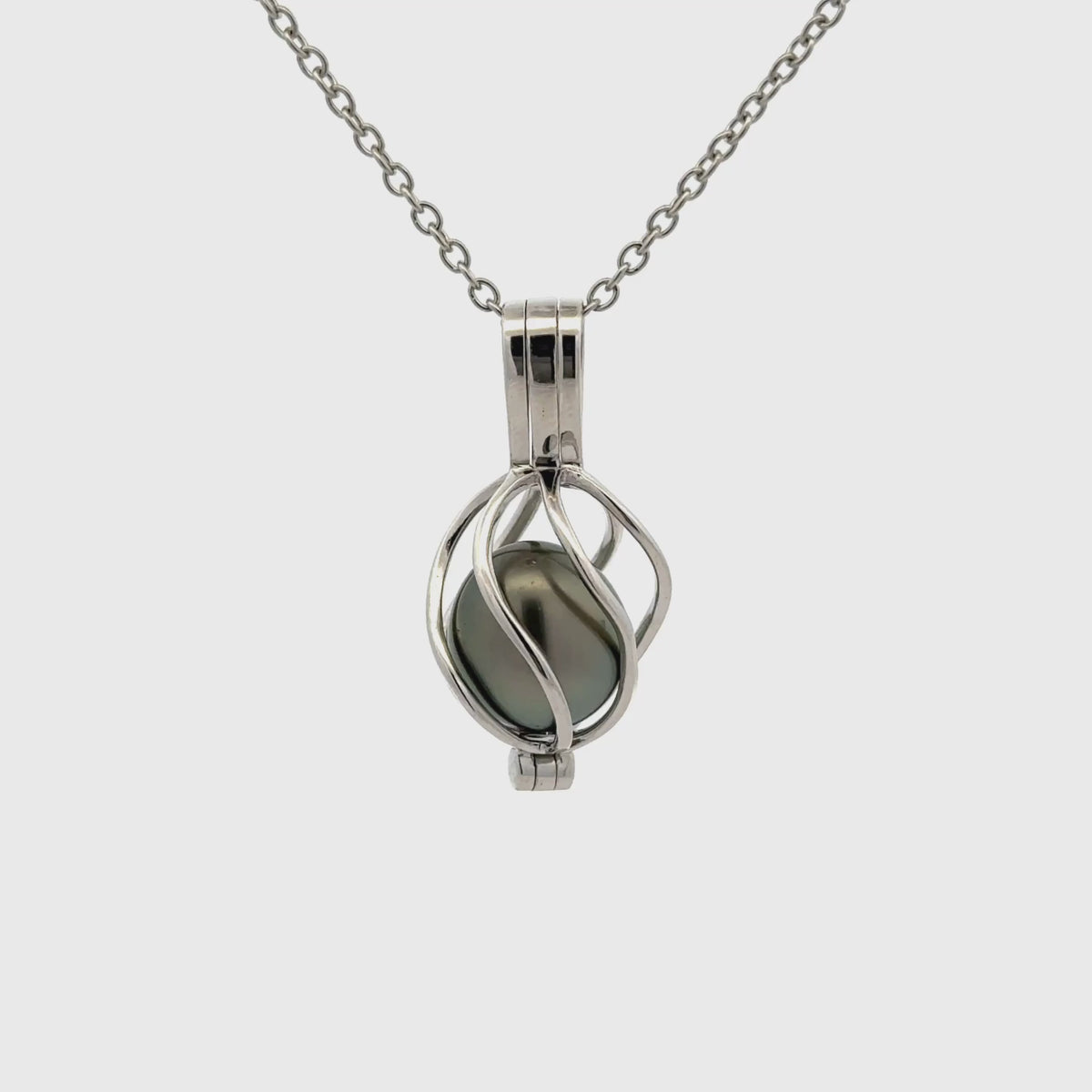 Sterling Silver Tahitian Cultured 10-11 mm Pearl Curved Cage Pendant 360 view