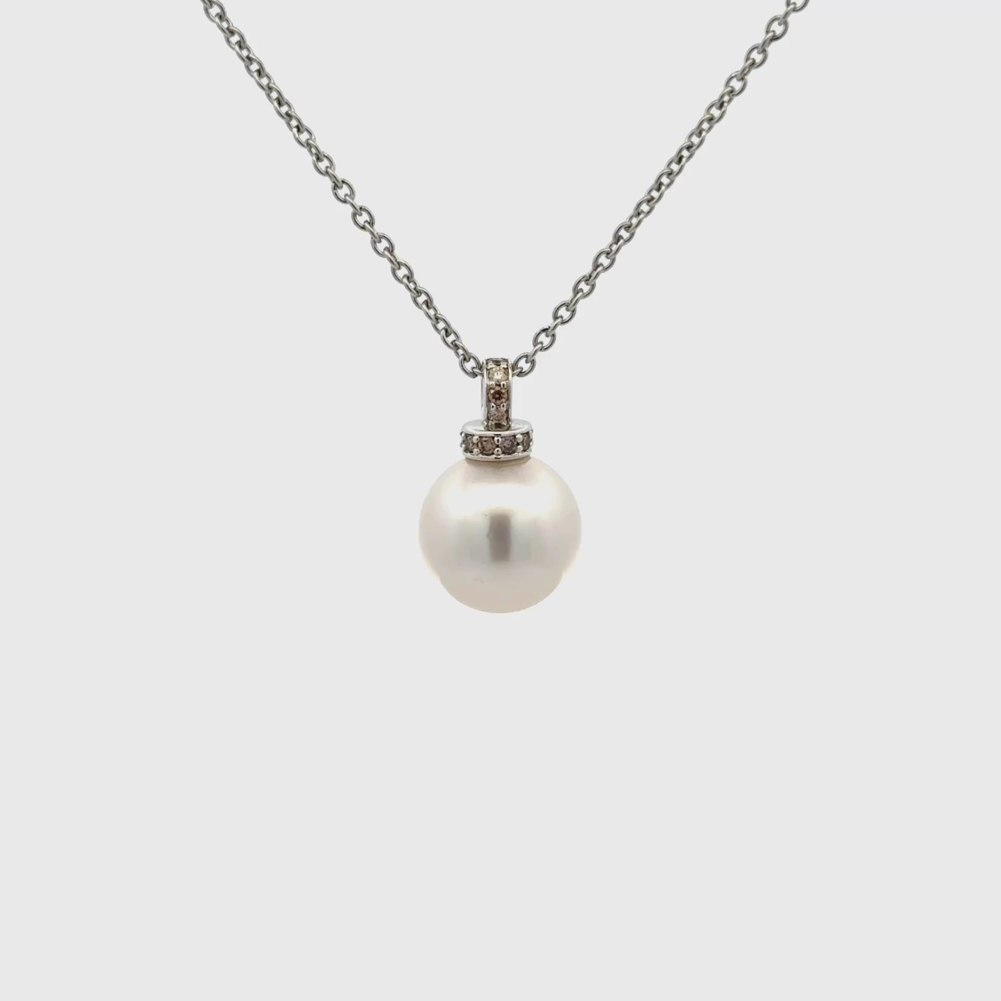 9K White Gold Australian South Sea 11-12 mm Cultured Pearl & Diamond Pendant 360 view video