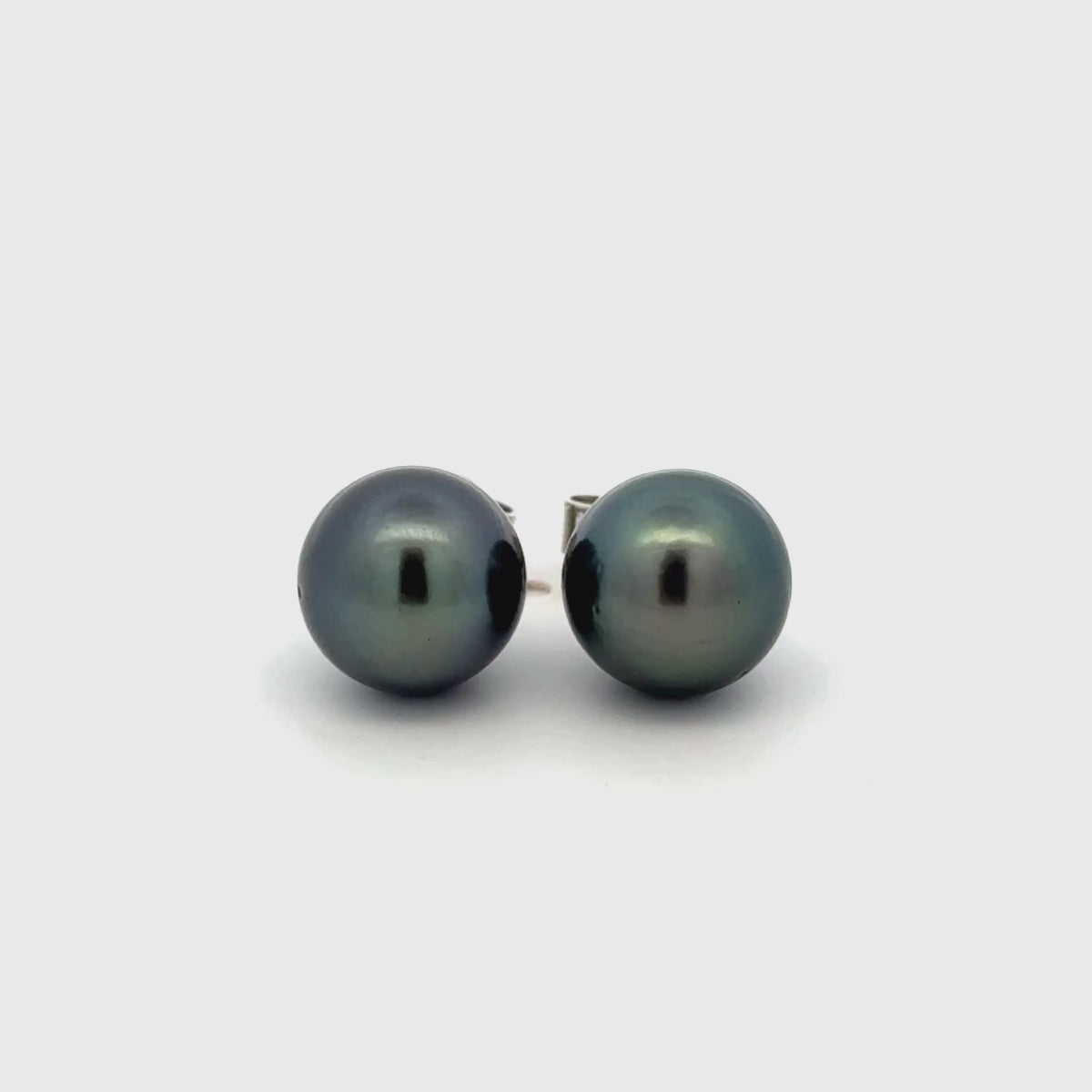 9K White Gold Tahitian 9-10mm Cultured Pearl Stud Earrings 360 view
