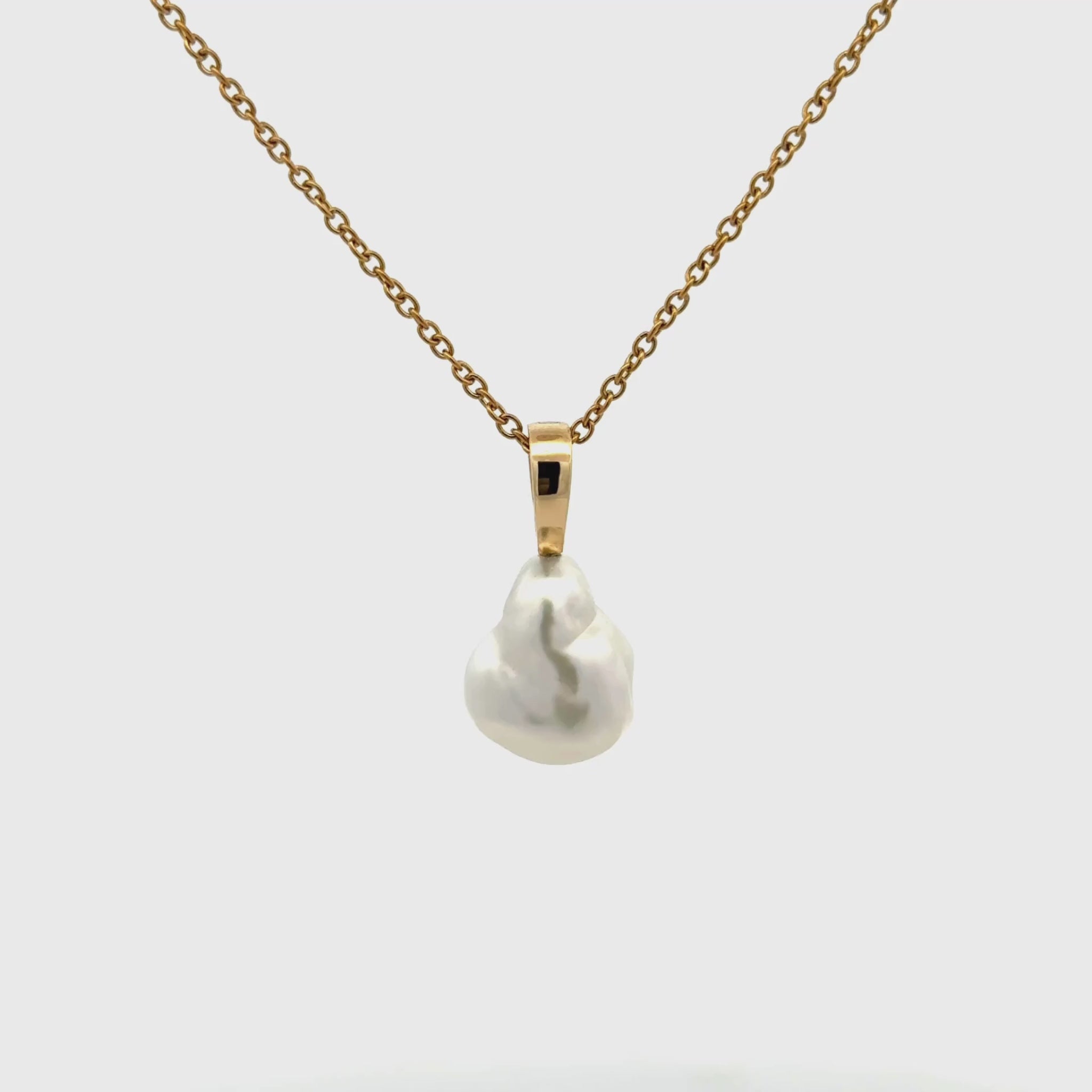 18K Yellow Gold Australian South Sea 1.9g Keshi Pearl Pendant 360 degree view on a white background