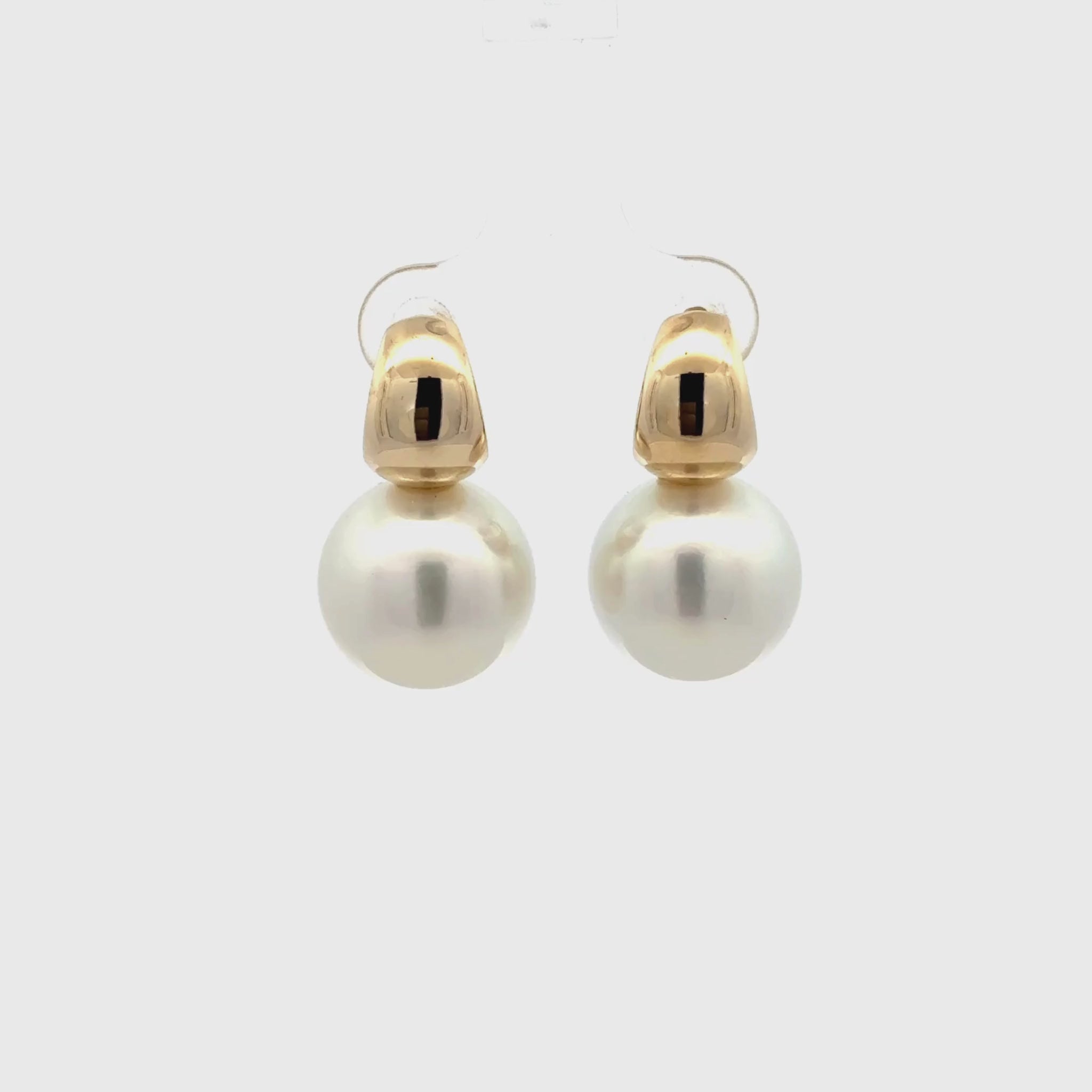 9K Yellow Gold Australian South Sea Cultured 13-14 mm Pearl Huggie Earrings 360 degree video on white background
