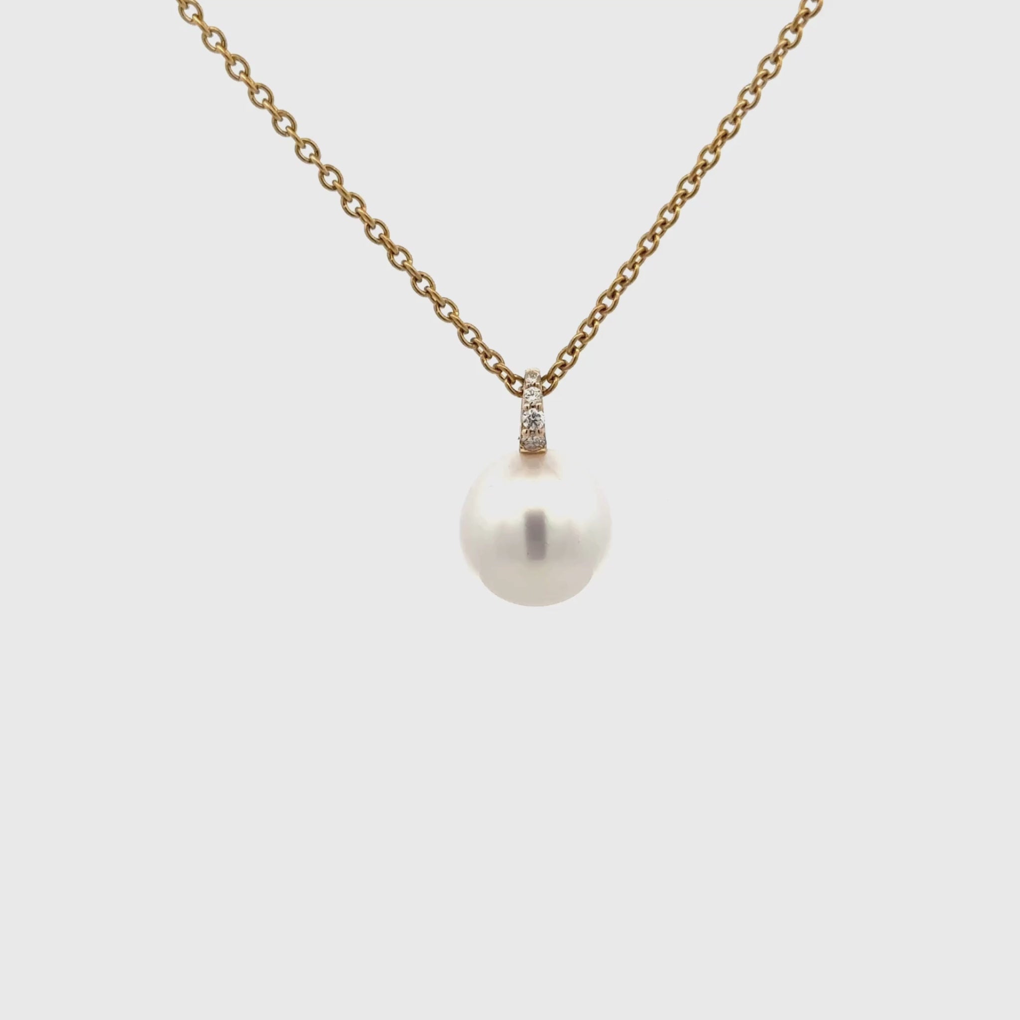9K Yellow Gold Australian South Sea 10-11 mm Cultured Pearl and Diamond Pendant 360 view video