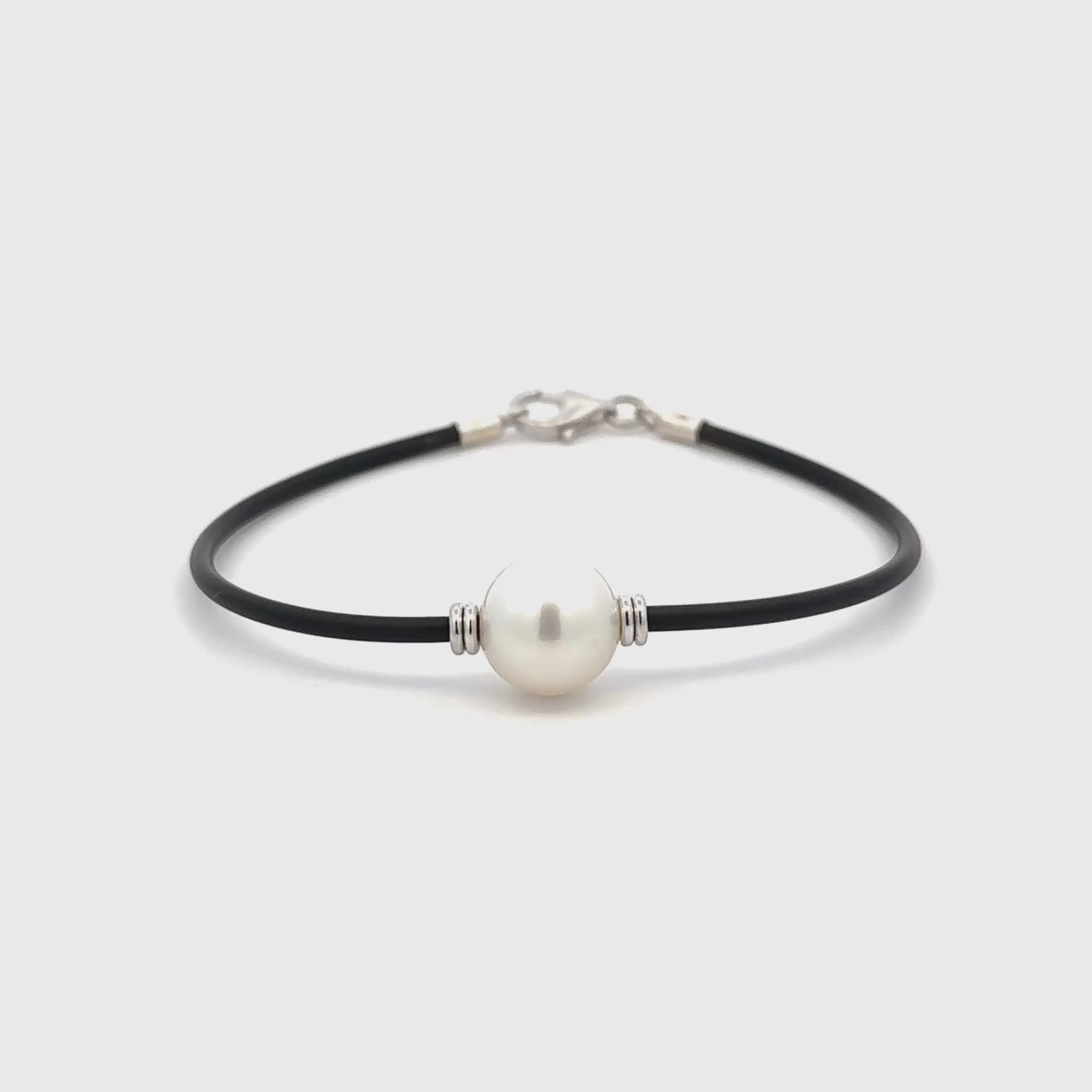 Sterling Silver Australian South Sea 10-11 mm Cultured Pearl Neoprene Bracelet 360 degree view with a white background