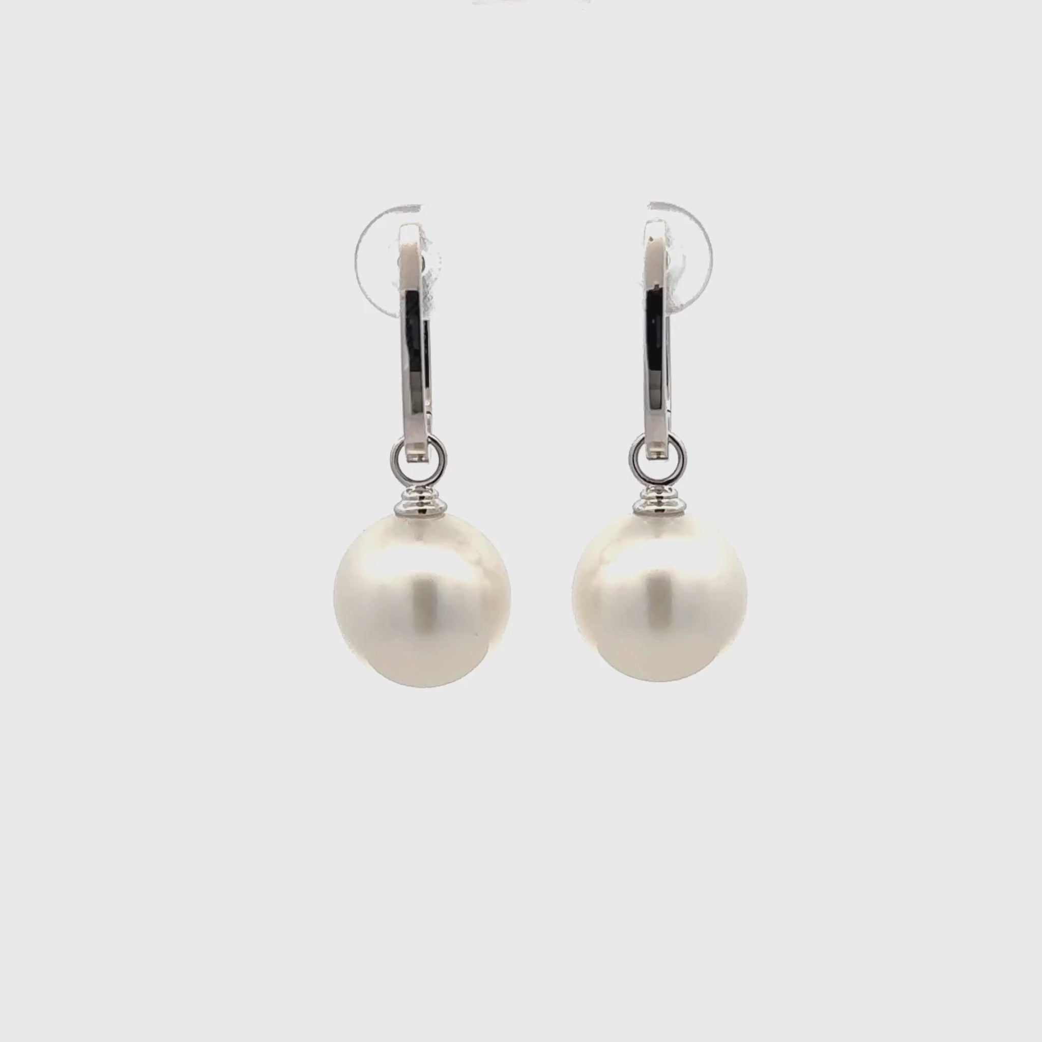 9K White Gold Australian South Sea 12-13 mm Cultured Pearl Huggie Earrings 360 view video